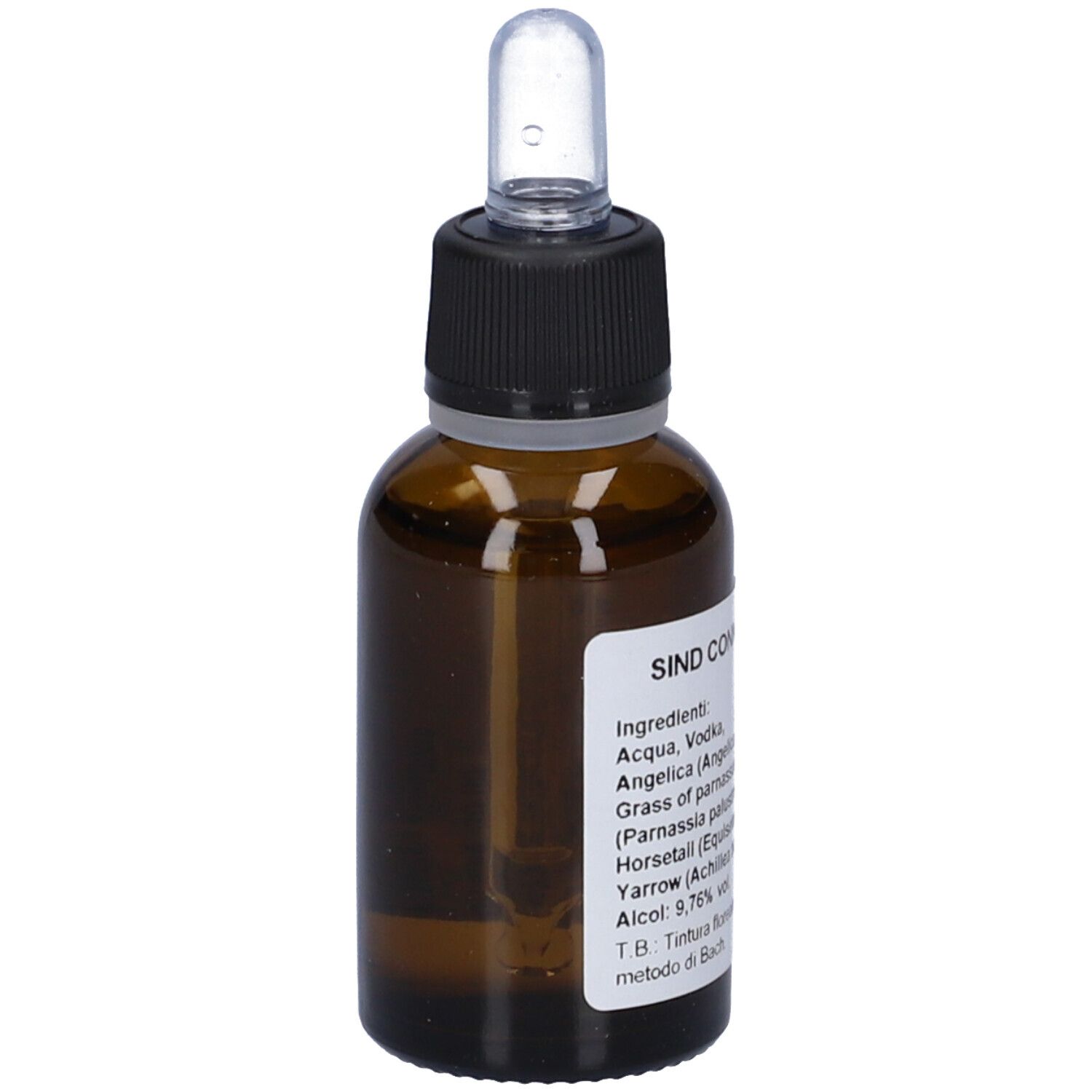 Flacone di vetro marrone con tappo nero e contagocce. Etichetta con nome del prodotto e ingredienti. Flacone.