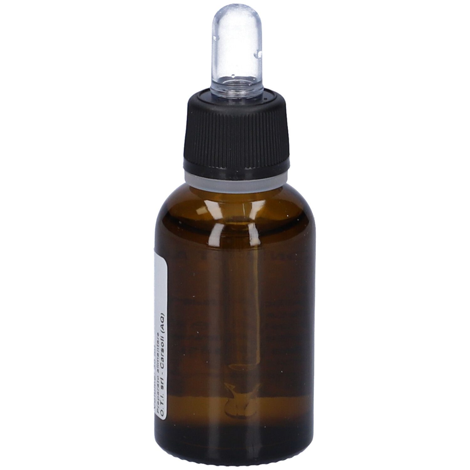 Flacone di vetro marrone con tappo nero e contagocce. Etichetta con nome del prodotto e ingredienti. Flacone.