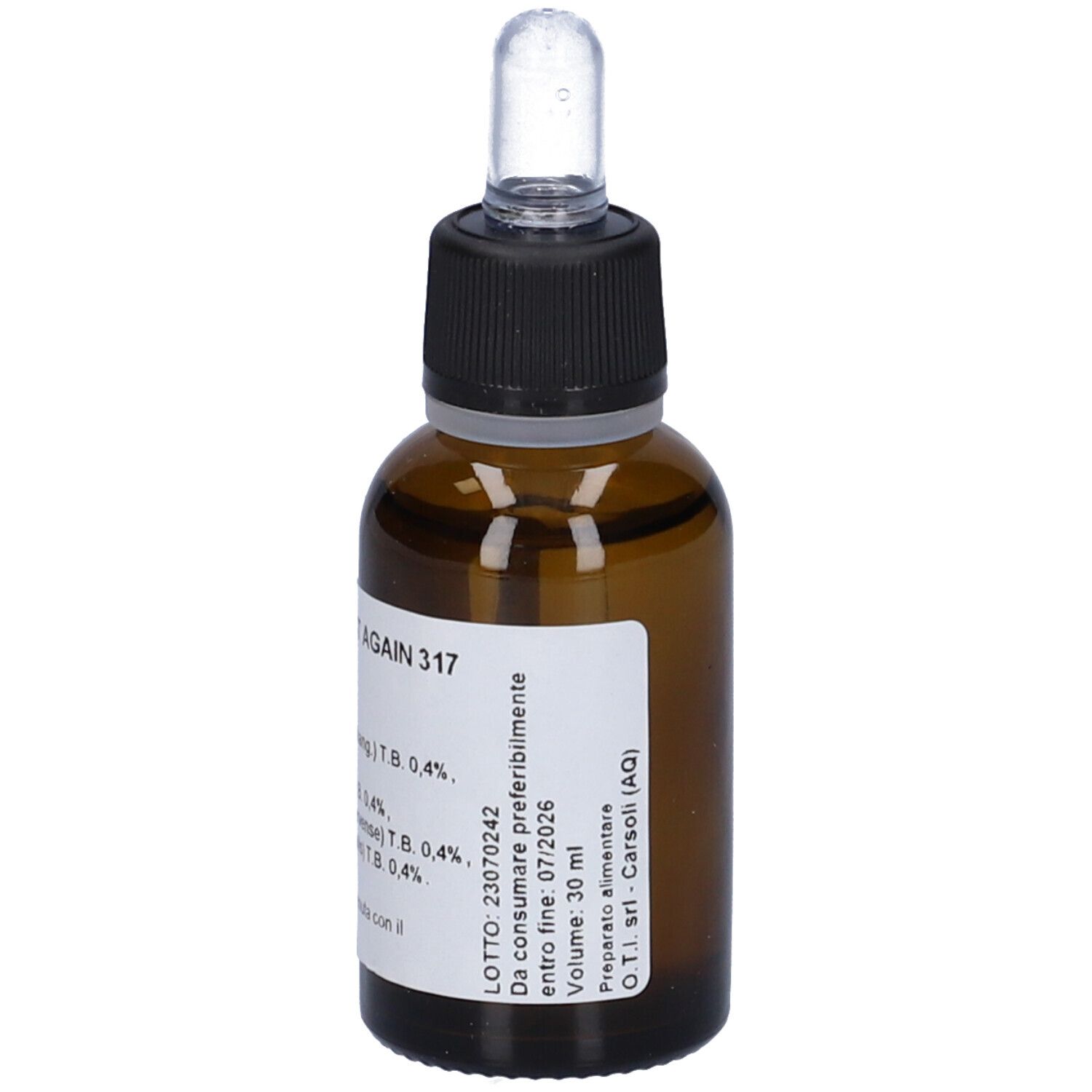 Flacone di vetro marrone con tappo nero e contagocce. Etichetta con nome del prodotto e ingredienti. Flacone.