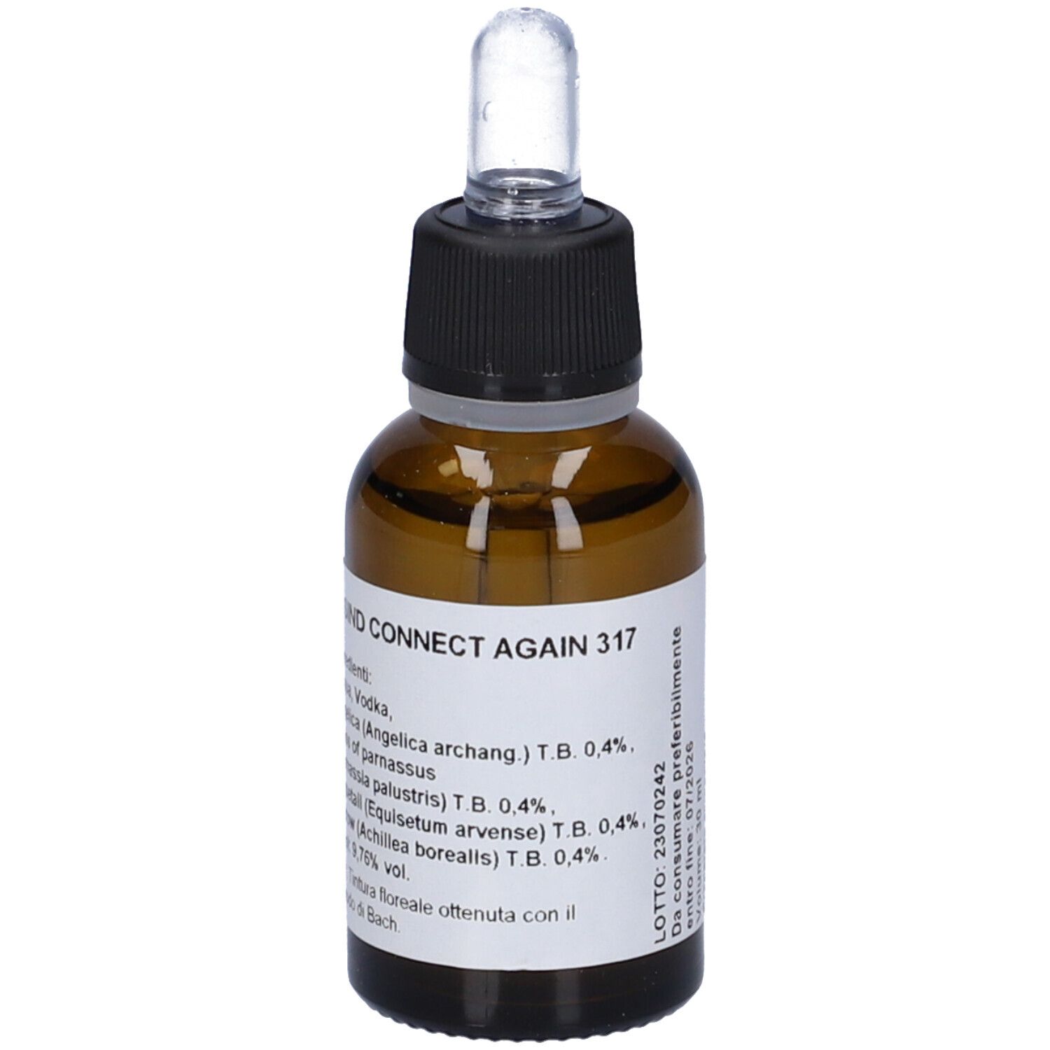 Flacone di vetro marrone con tappo nero e contagocce. Etichetta con nome del prodotto e ingredienti. Flacone.