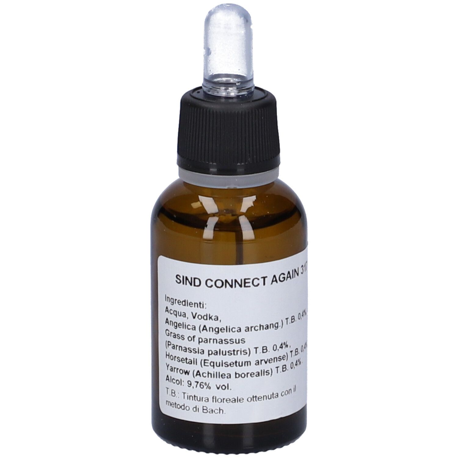 Flacone di vetro marrone con tappo nero e contagocce. Etichetta con nome del prodotto e ingredienti. Flacone.