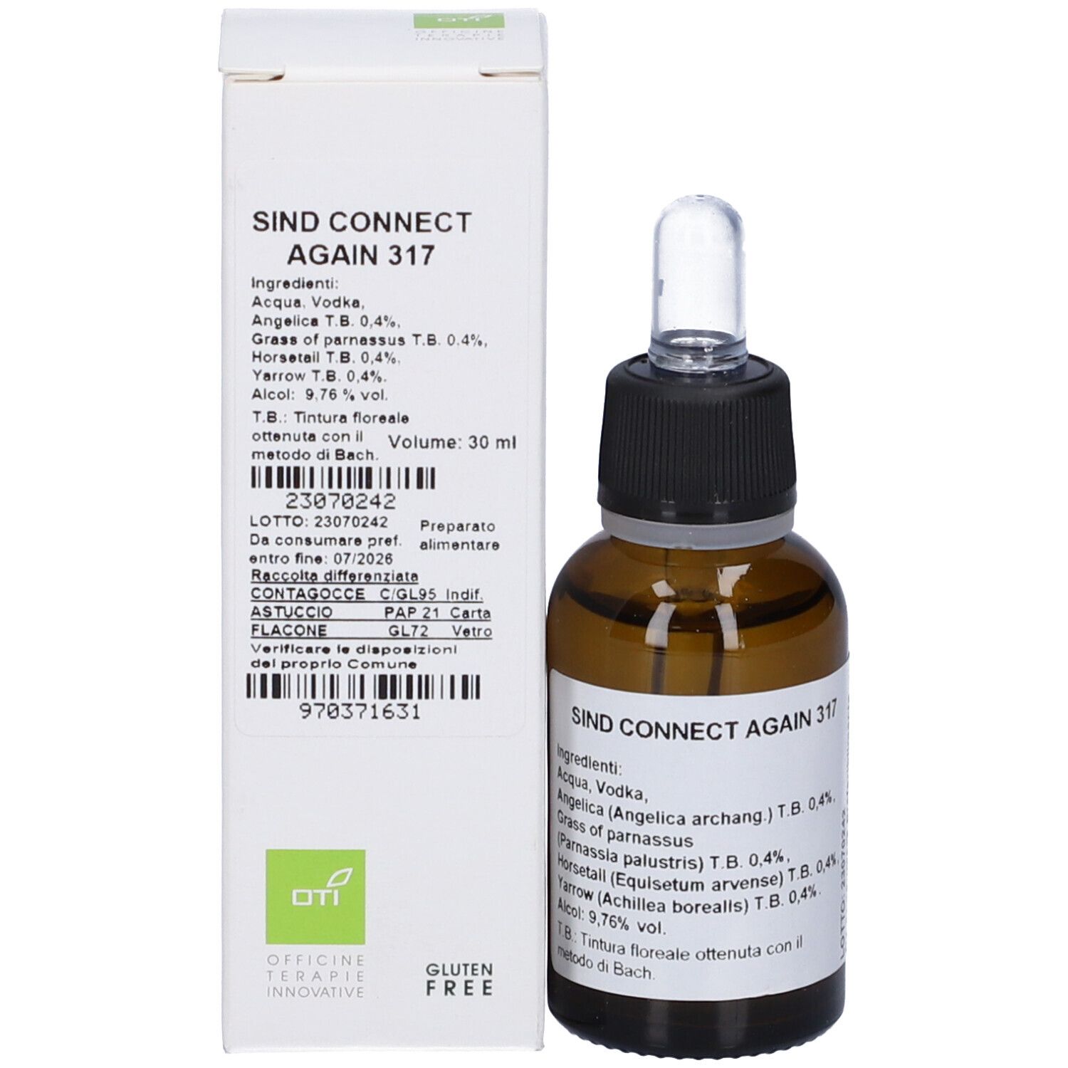 Flacone di vetro marrone con tappo nero e contagocce. Nome prodotto e ingredienti sull'etichetta. Flacone e confezione.