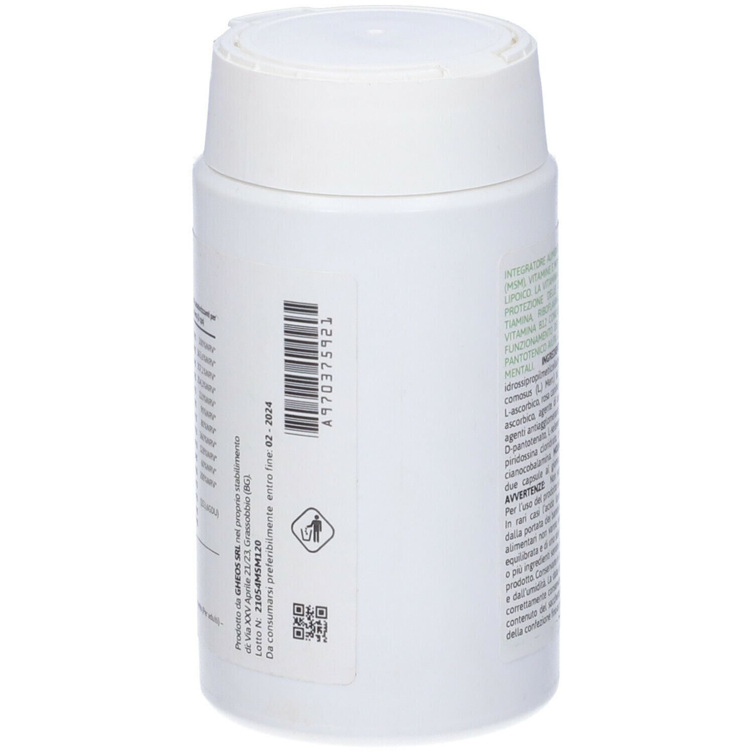 Barattolo bianco con etichetta. Codice a barre e QR code. Scadenza: 02-2024. Logo verde.