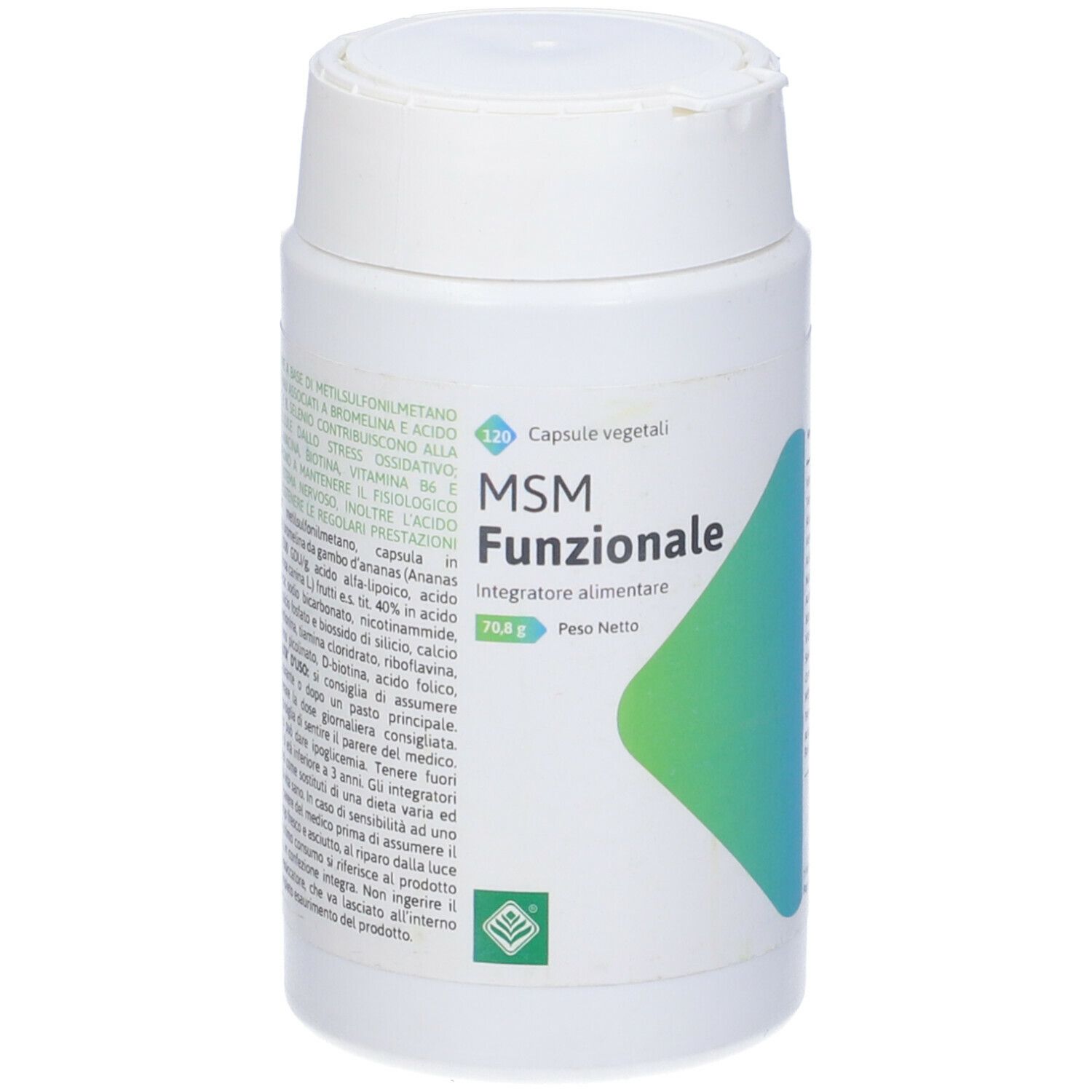 Barattolo bianco con etichetta verde-blu. Scritta: MSM Funzionale, 120 capsule. Integratore alimentare.