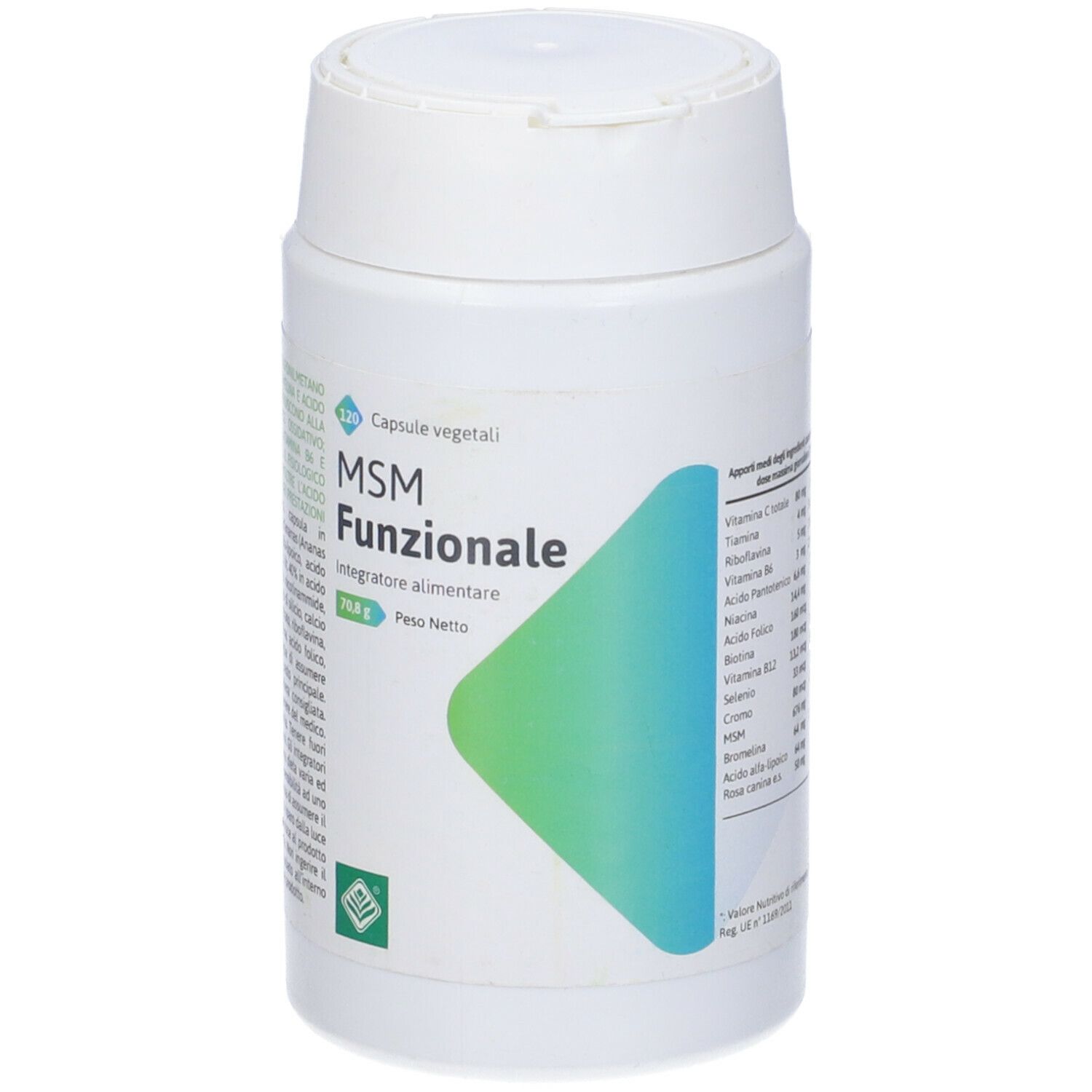 Barattolo bianco con etichetta verde-blu. Scritta: MSM Funzionale, 120 capsule. Integratore alimentare.