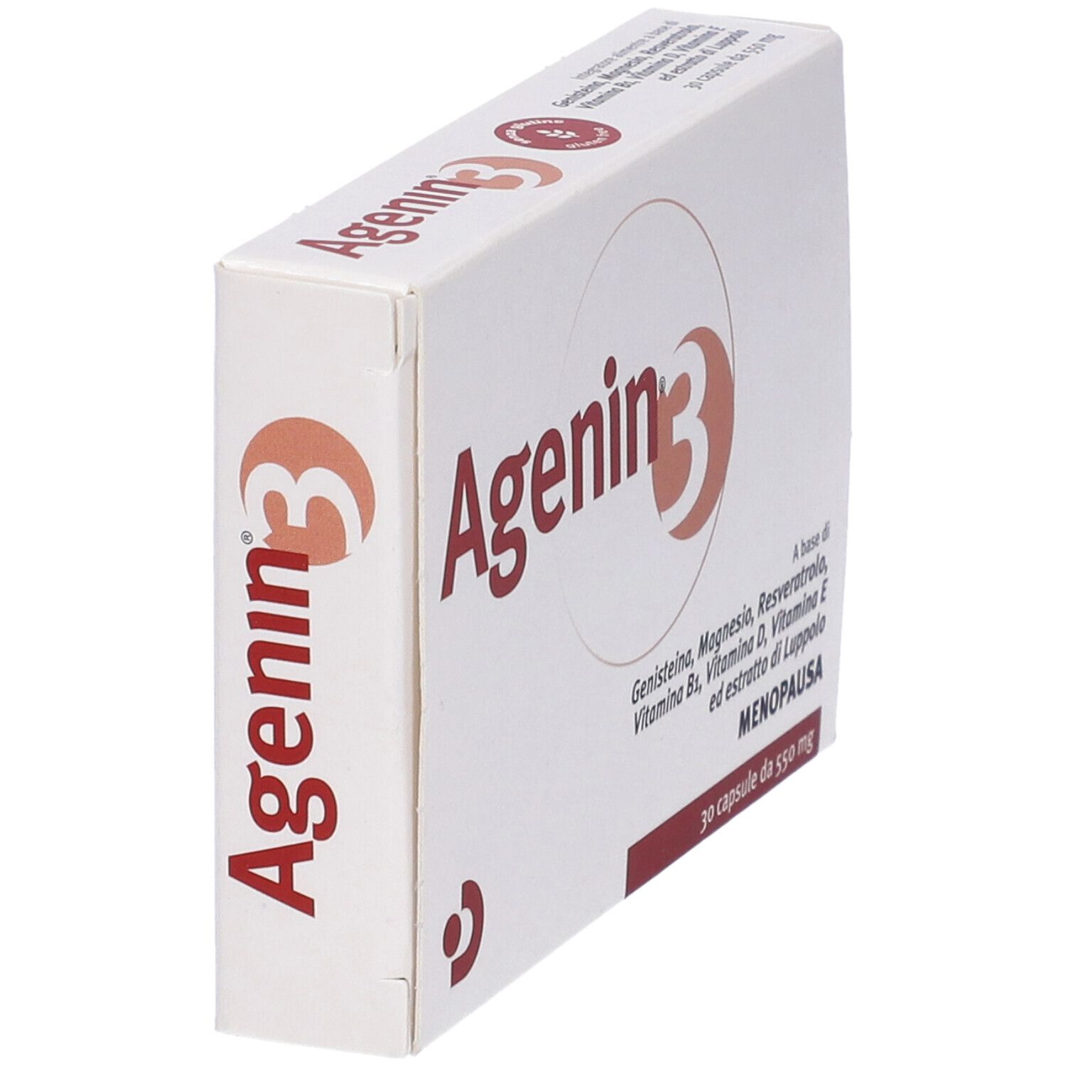 Scatola Agenin 3, angolata. Scritta rossa su sfondo bianco. Contiene 30 capsule.