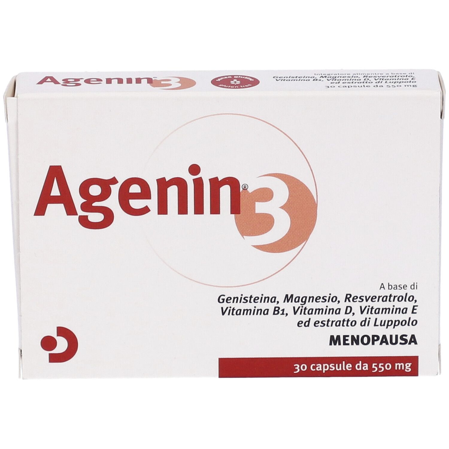 Scatola Agenin 3. Scritta rossa su sfondo bianco. Contiene 30 capsule. Menopausa.