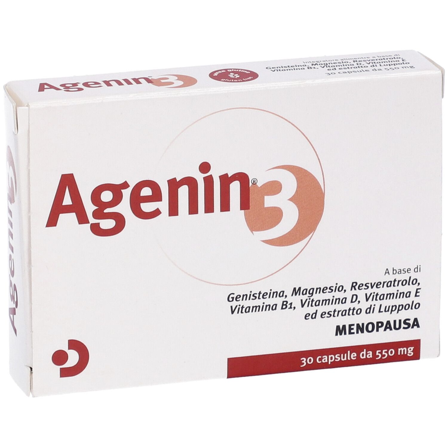 Scatola Agenin 3. Scritta rossa su sfondo bianco. Contiene 30 capsule. Menopausa.