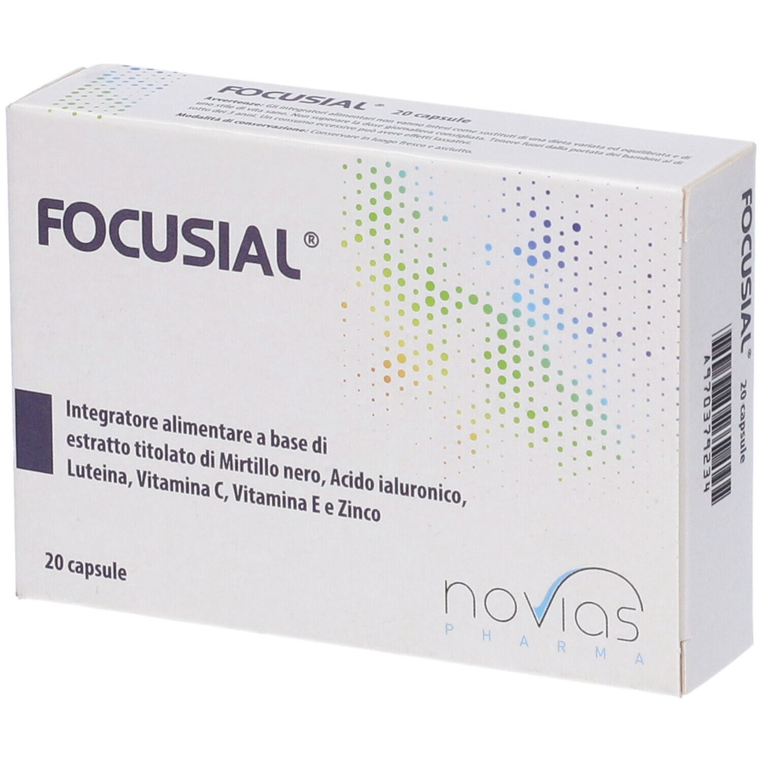 Scatola di Focusial 20 capsule. Scritto: Integratore alimentare a base di estratto di mirtillo, acido ialuronico, luteina, vitamine C, E e zinco.