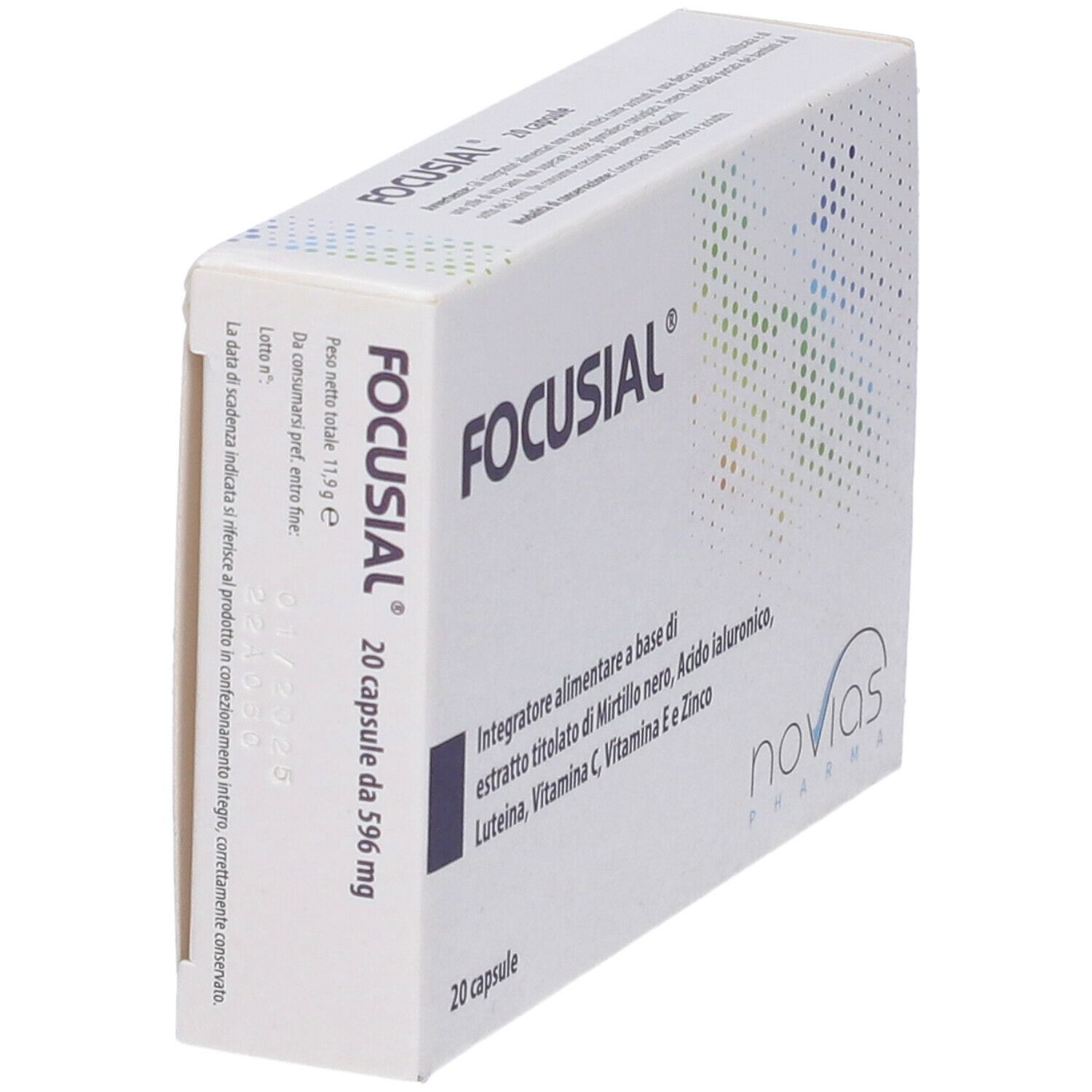 Scatola Focusial 20 capsule. Scritto: Integratore alimentare a base di estratto di mirtillo, acido ialuronico, luteina, vitamine C, E e zinco. 20 capsule da 596 mg.