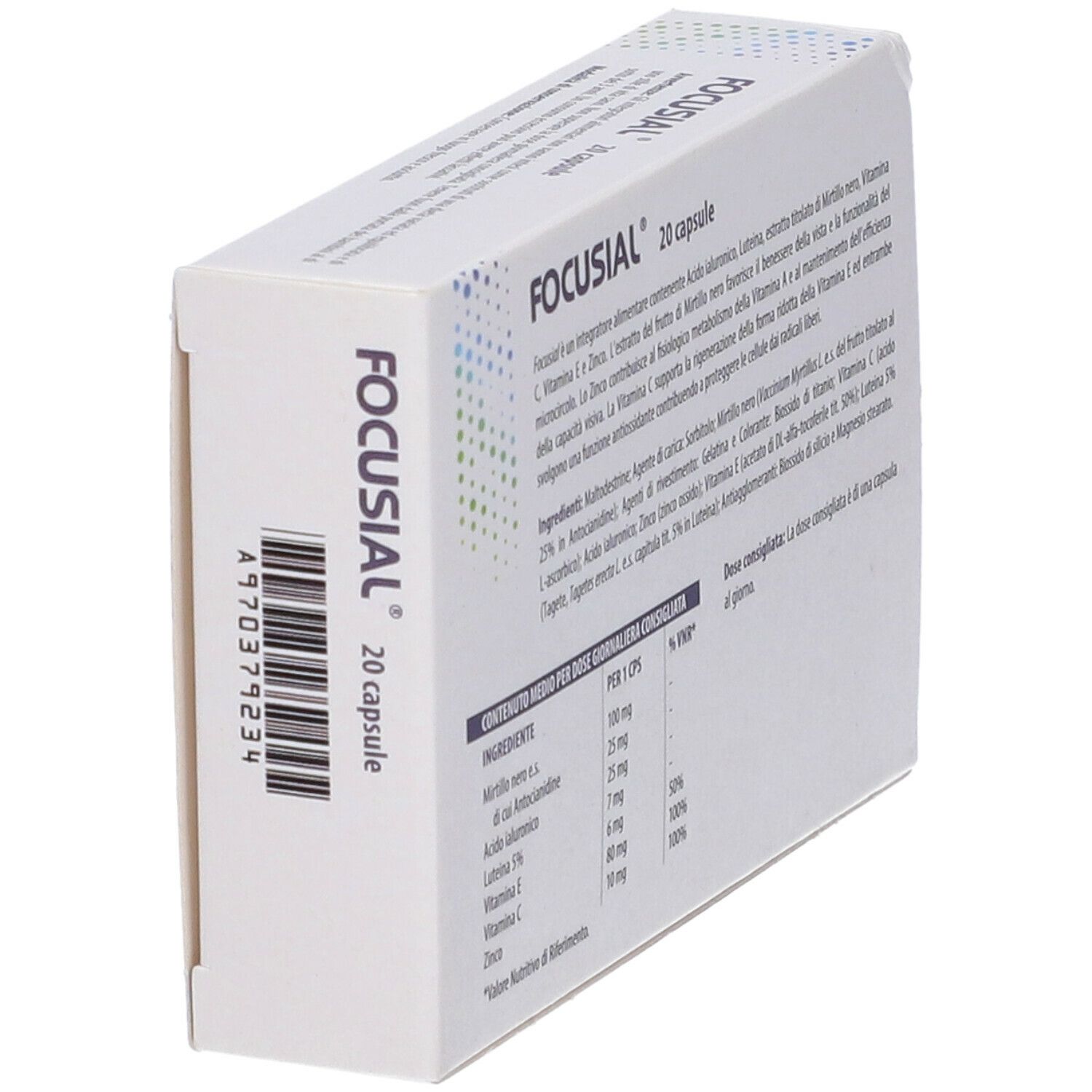 Vista laterale della scatola Focusial con ingredienti e informazioni nutrizionali. 20 capsule. Contiene estratto di mirtillo, luteina, vitamine C, E e zinco.