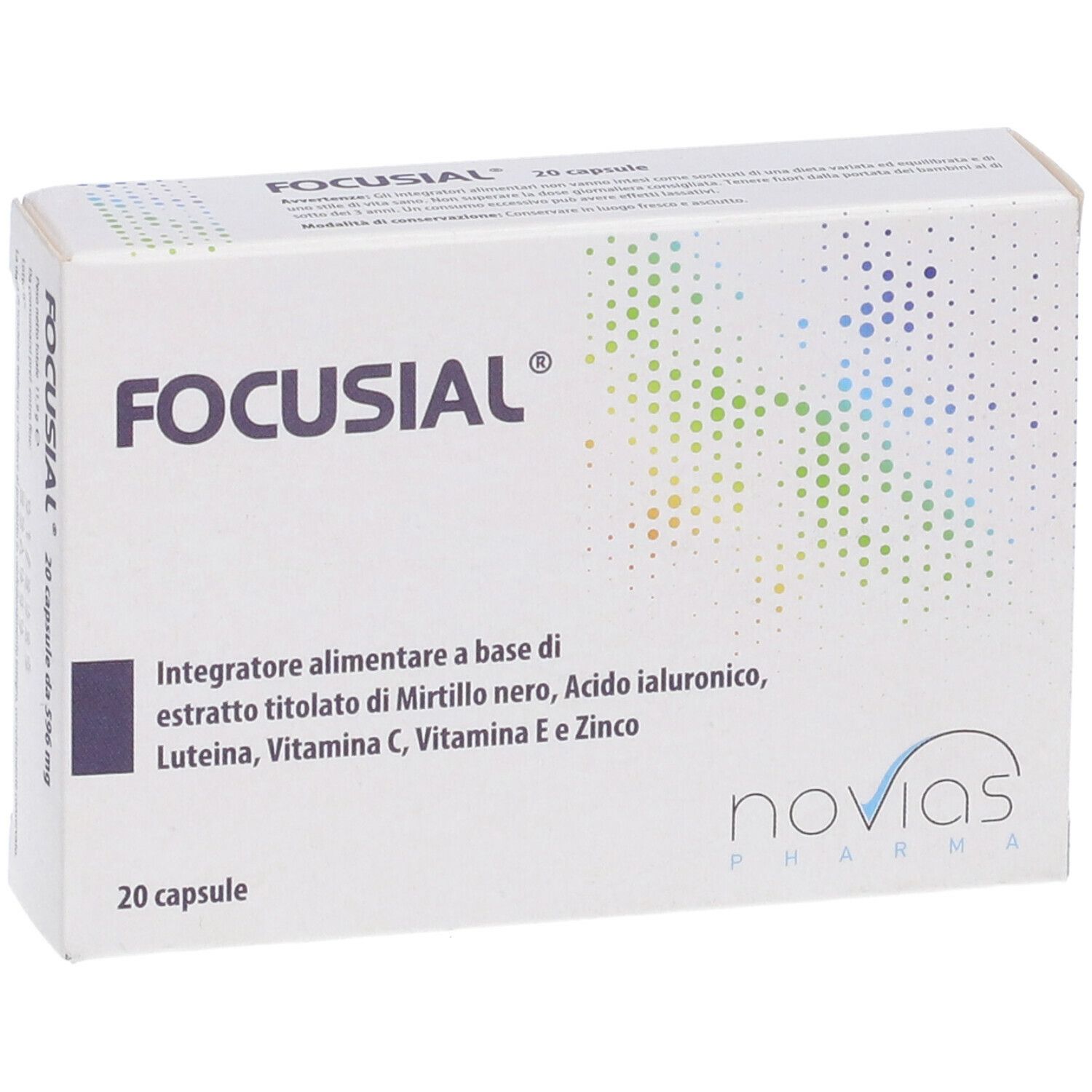 Scatola Focusial 20 capsule. Scritto: Integratore alimentare a base di estratto di mirtillo, acido ialuronico, luteina, vitamine C, E e zinco. 20 capsule da 596 mg.