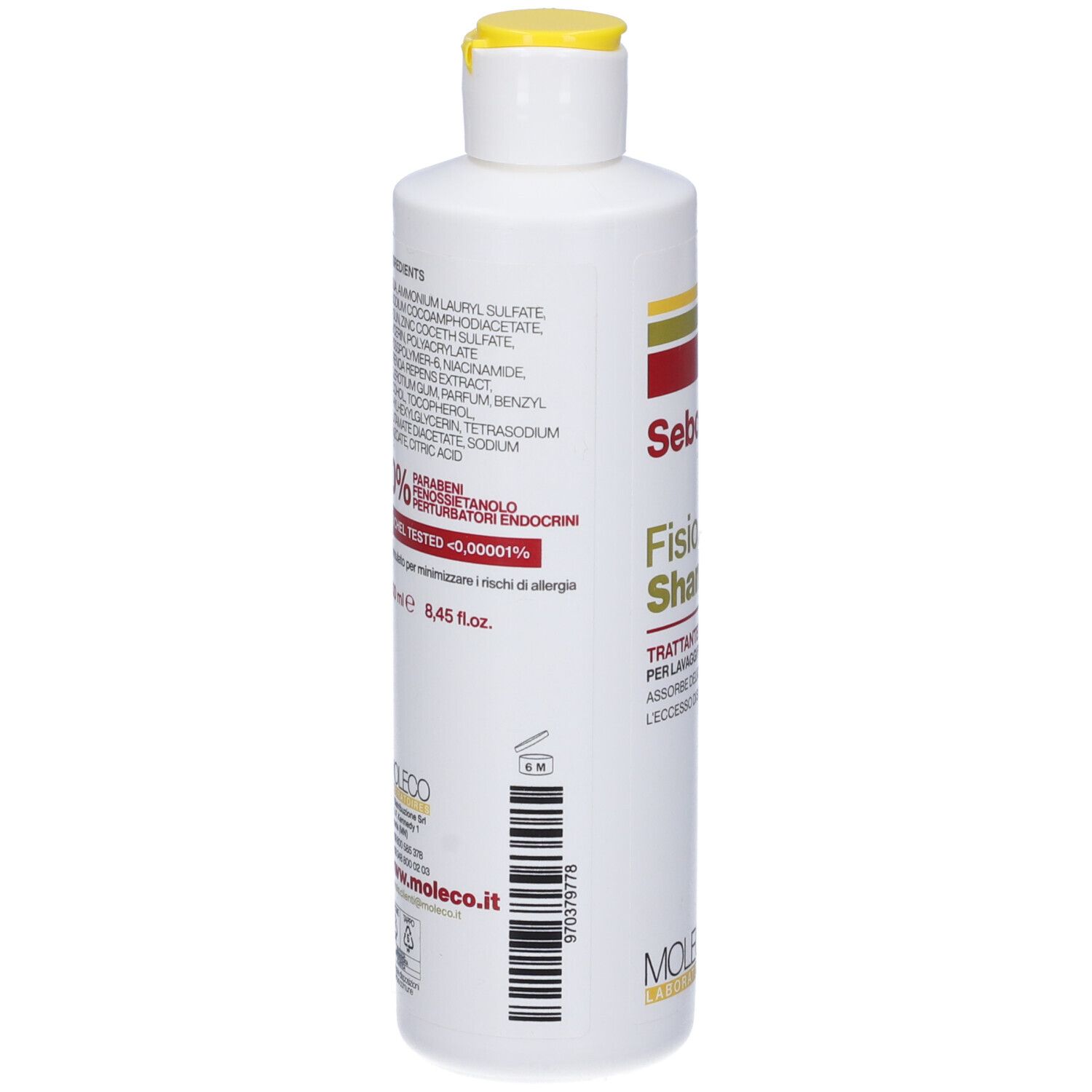Flacone bianco con tappo giallo. Retro con ingredienti e codice a barre. Testo: www.moleco.it. 8,45 fl.oz.