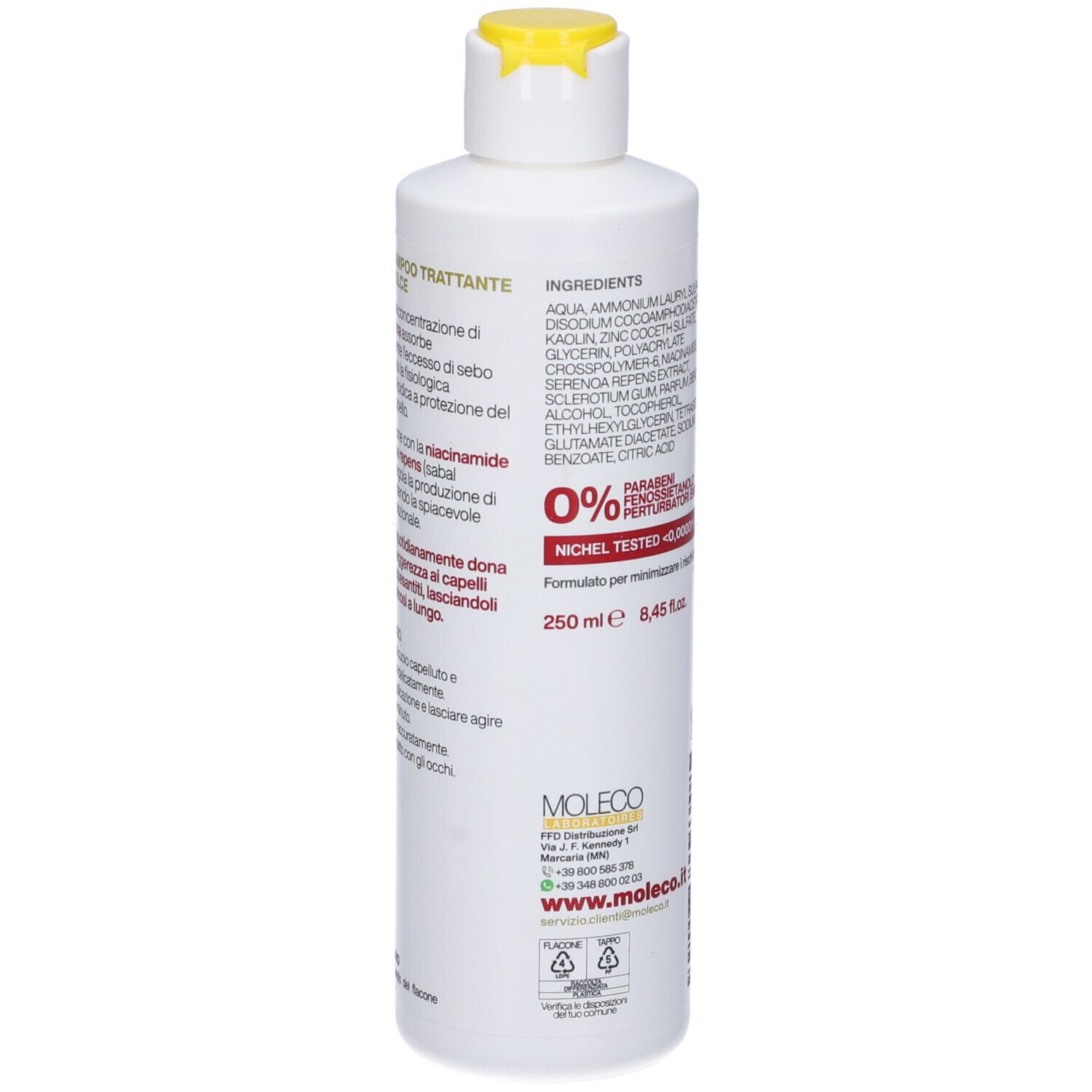Flacone bianco con tappo giallo. Retro con ingredienti e testo: 0% Nickel Tested. 250 ml. www.moleco.it.