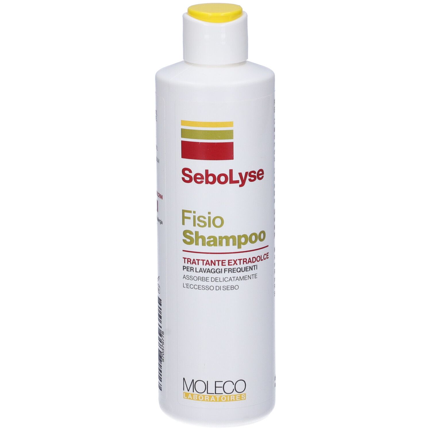 Flacone bianco con tappo giallo. Scritta: SeboLyse Fisio Shampoo. Strisce rosse e gialle. Testo: Trattante extradolce.