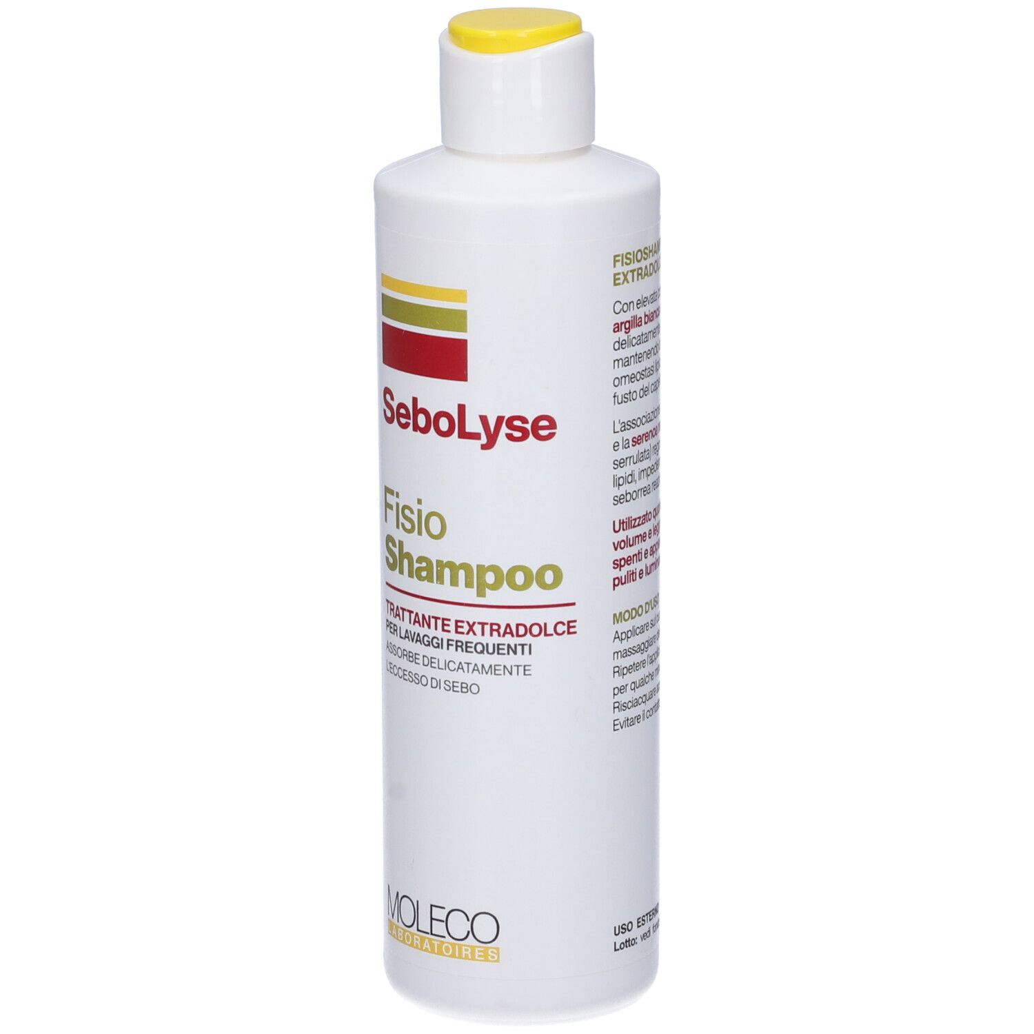 Flacone bianco con tappo giallo. Scritta: SeboLyse Fisio Shampoo. Testo: Trattante extradolce. Testo sul lato.