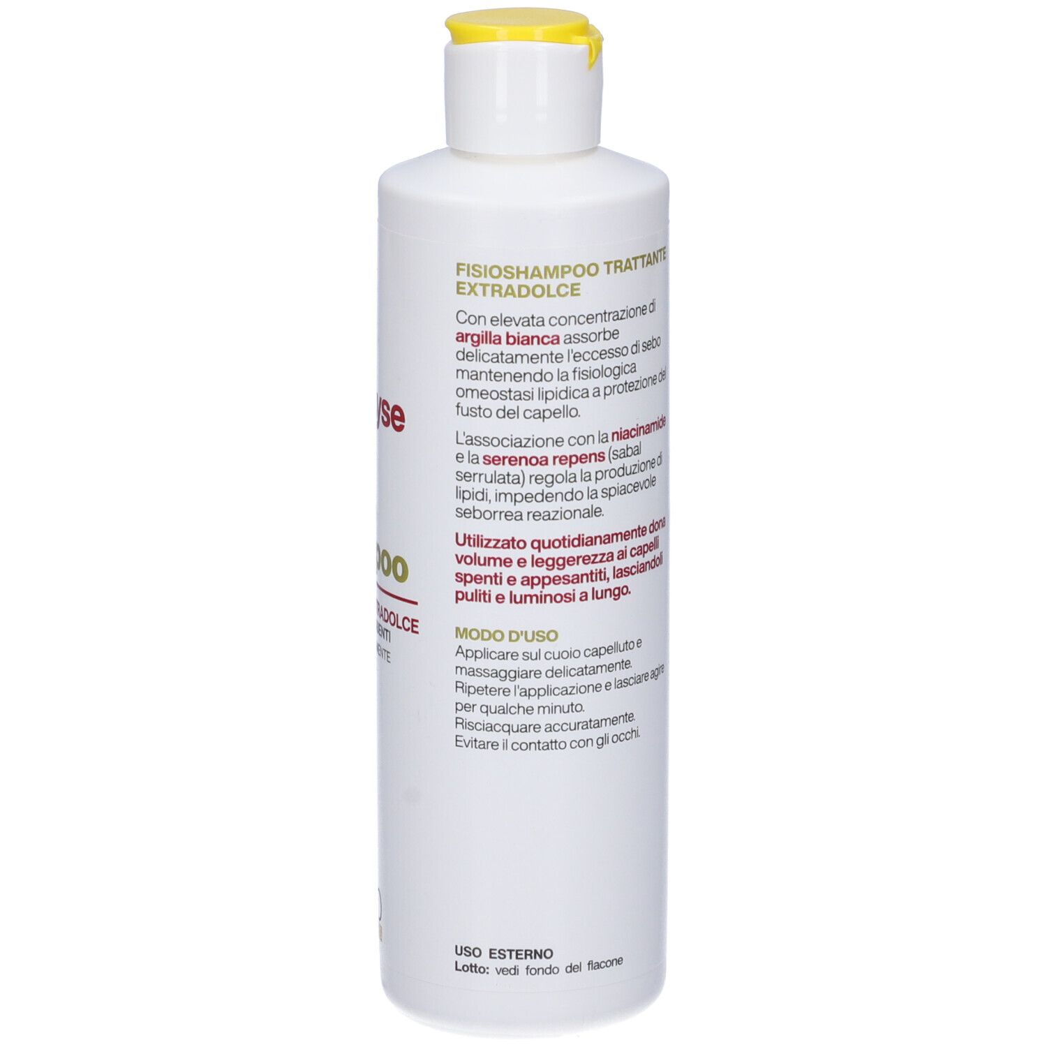 Flacone bianco con tappo giallo. Testo: Fisioshampoo Trattante extradolce. Testo su uso e ingredienti.