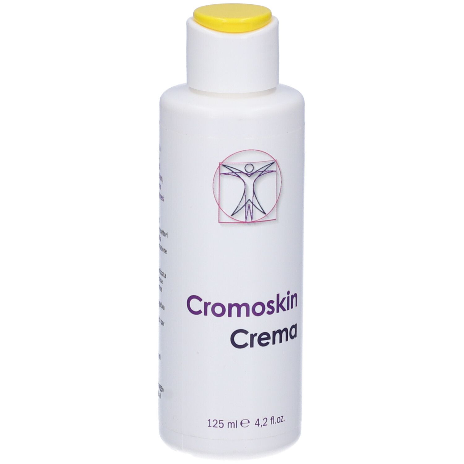 Flacone bianco con tappo giallo. Scritta: Cromoskin Crema. Logo. Volume: 125 ml.