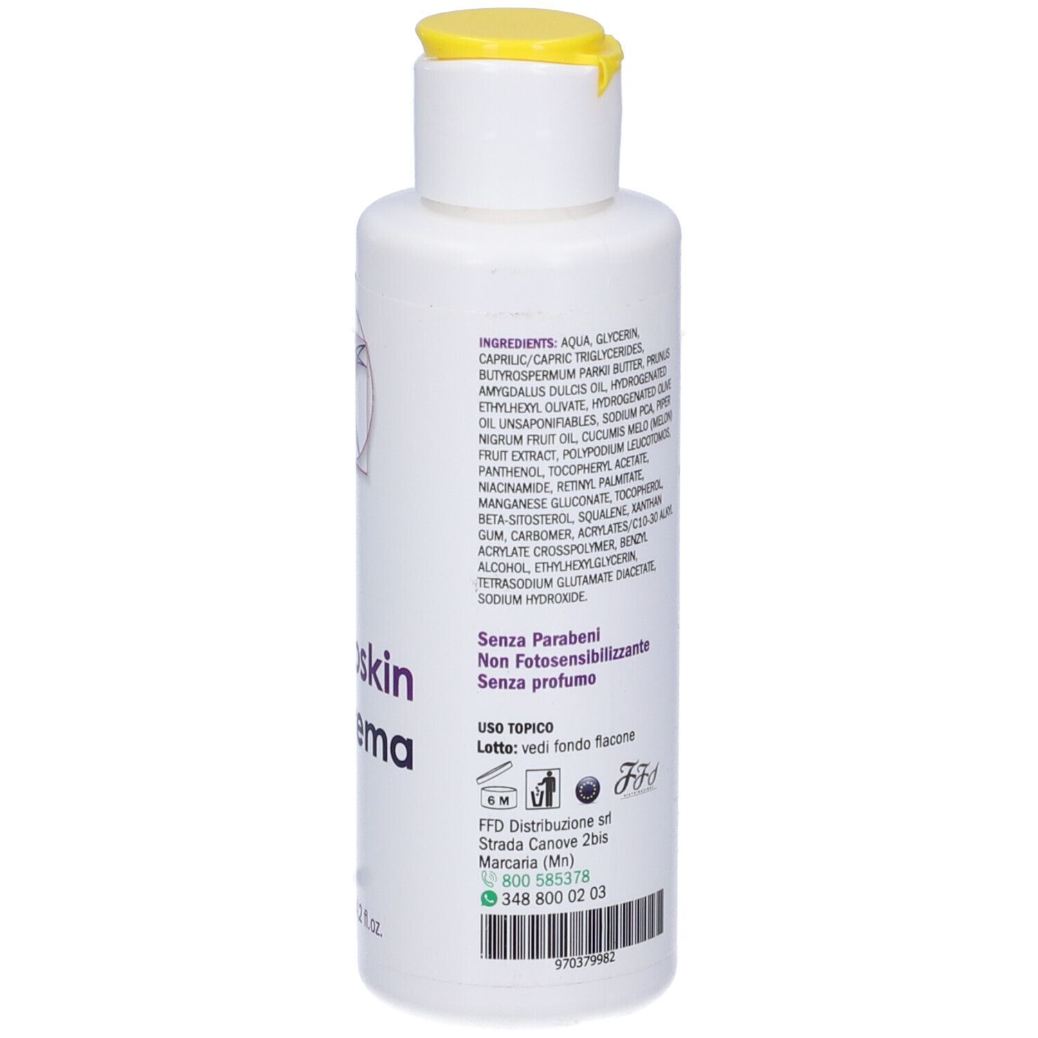 Flacone bianco con tappo giallo. Scritta: Cromoskin Crema. Ingredienti e contatti.