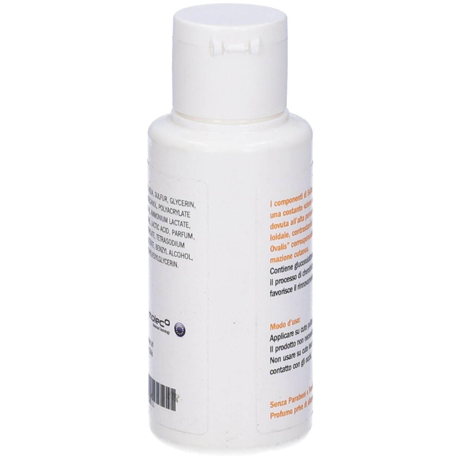 Retro del flacone bianco. Testo in italiano. Logo. Contenuto: 75 ml.