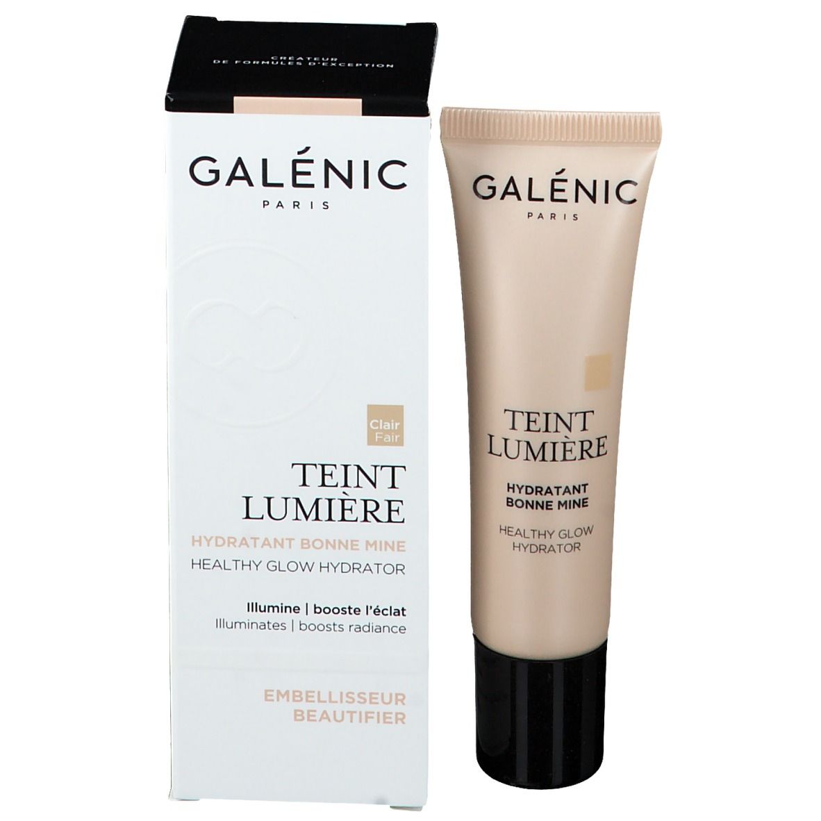 Confezione prodotto con tubo. Scritte: GALÉNIC, TEINT LUMIÈRE, HYDRATANT BONNE MINE, HEALTHY GLOW HYDRATOR. Scatola: Clair/Fair.