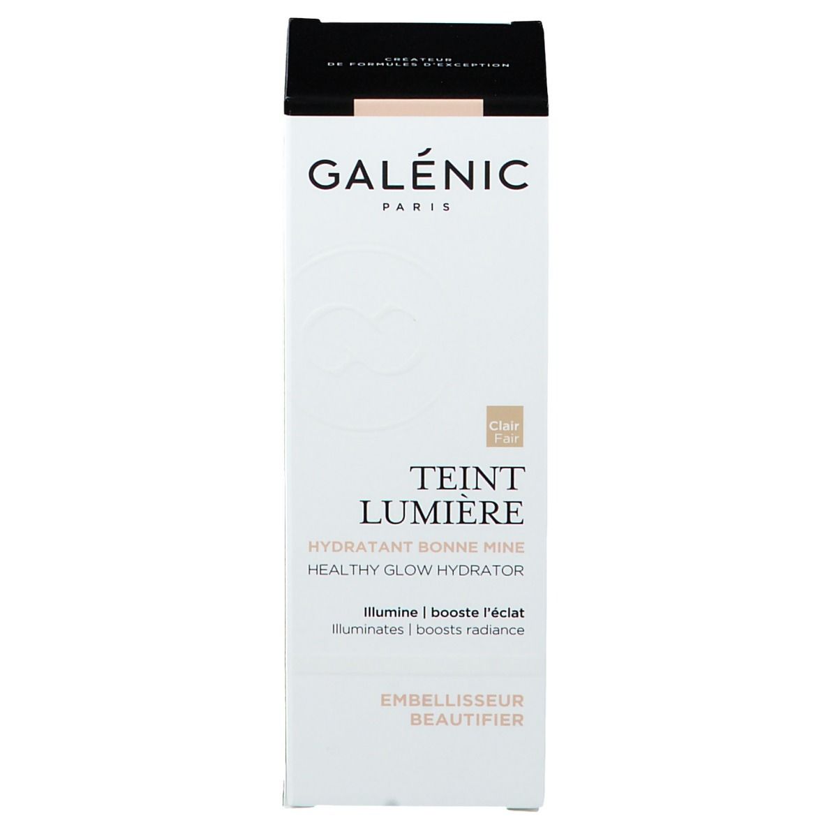 Confezione prodotto. Scritte: GALÉNIC, TEINT LUMIÈRE, HYDRATANT BONNE MINE, HEALTHY GLOW HYDRATOR. Scatola: Clair/Fair.