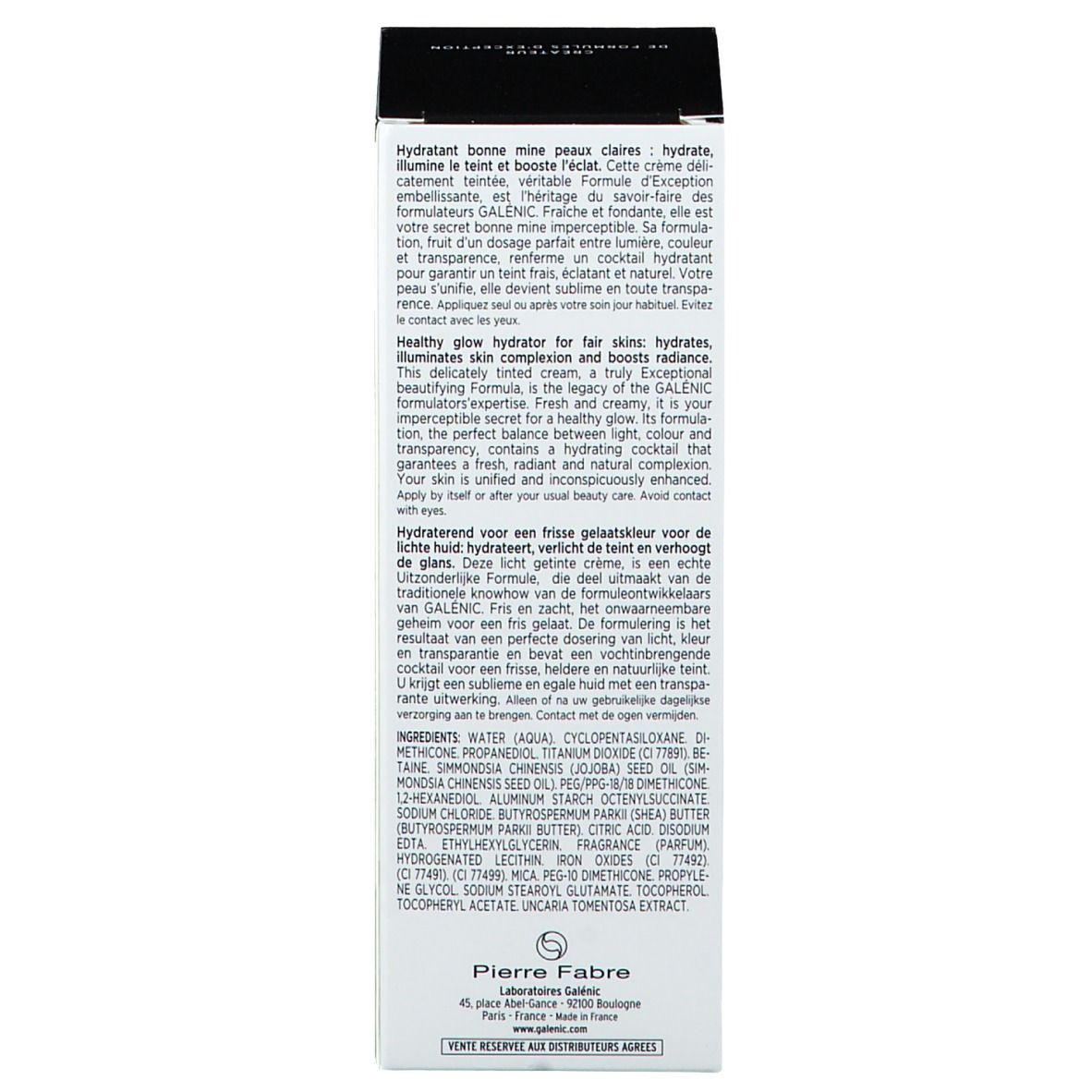 Retro della confezione. Testo multilingue. Ingredienti e informazioni del produttore.