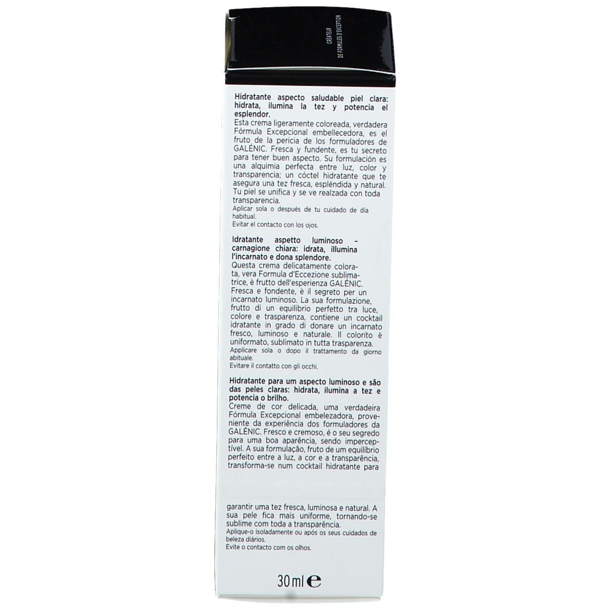 Retro della confezione. Testo multilingue. Descrizione del prodotto e informazioni del produttore.