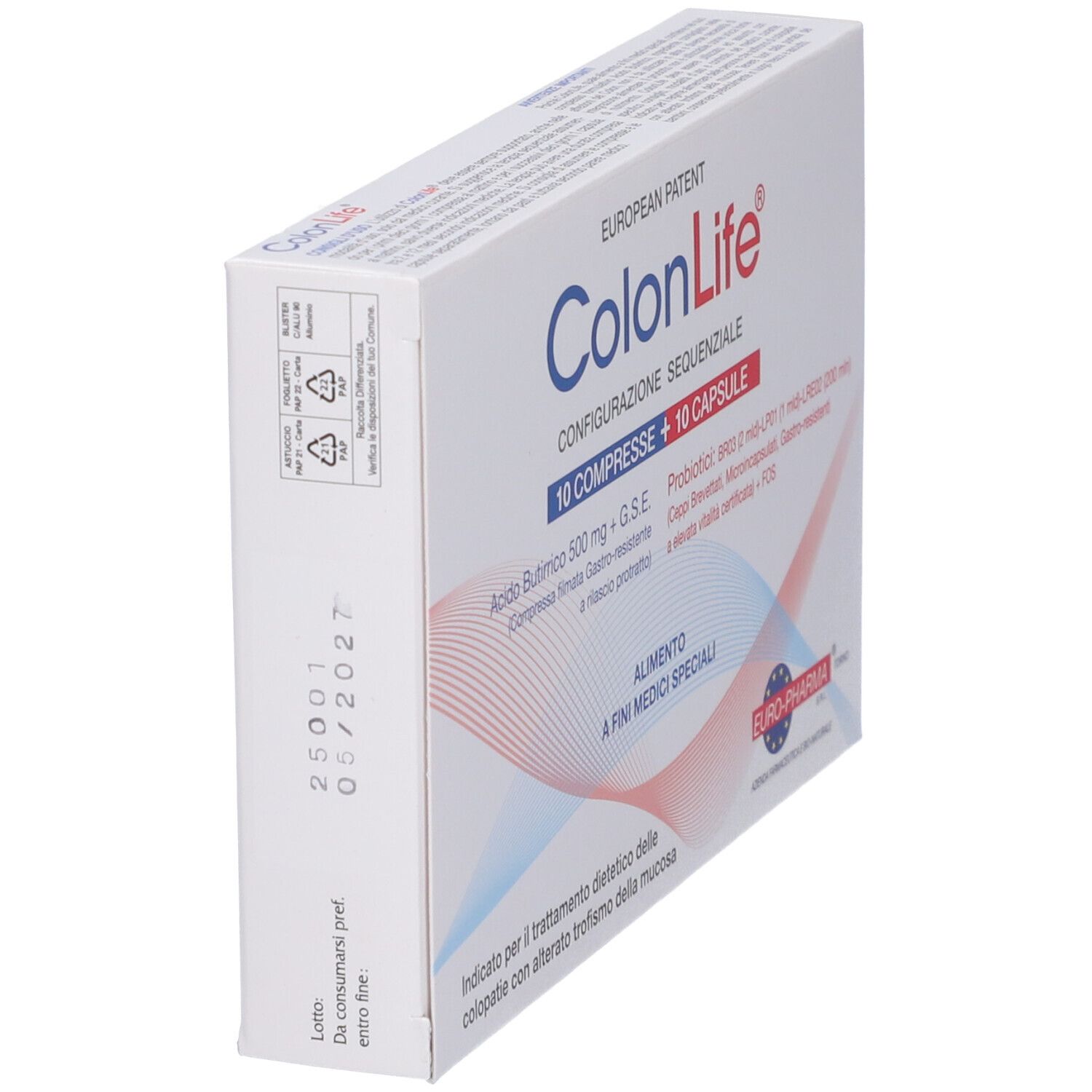 Scatola ColonLife, angolata. Contiene 10 compresse e 10 capsule. Prodotto per alimenti a fini medici speciali.