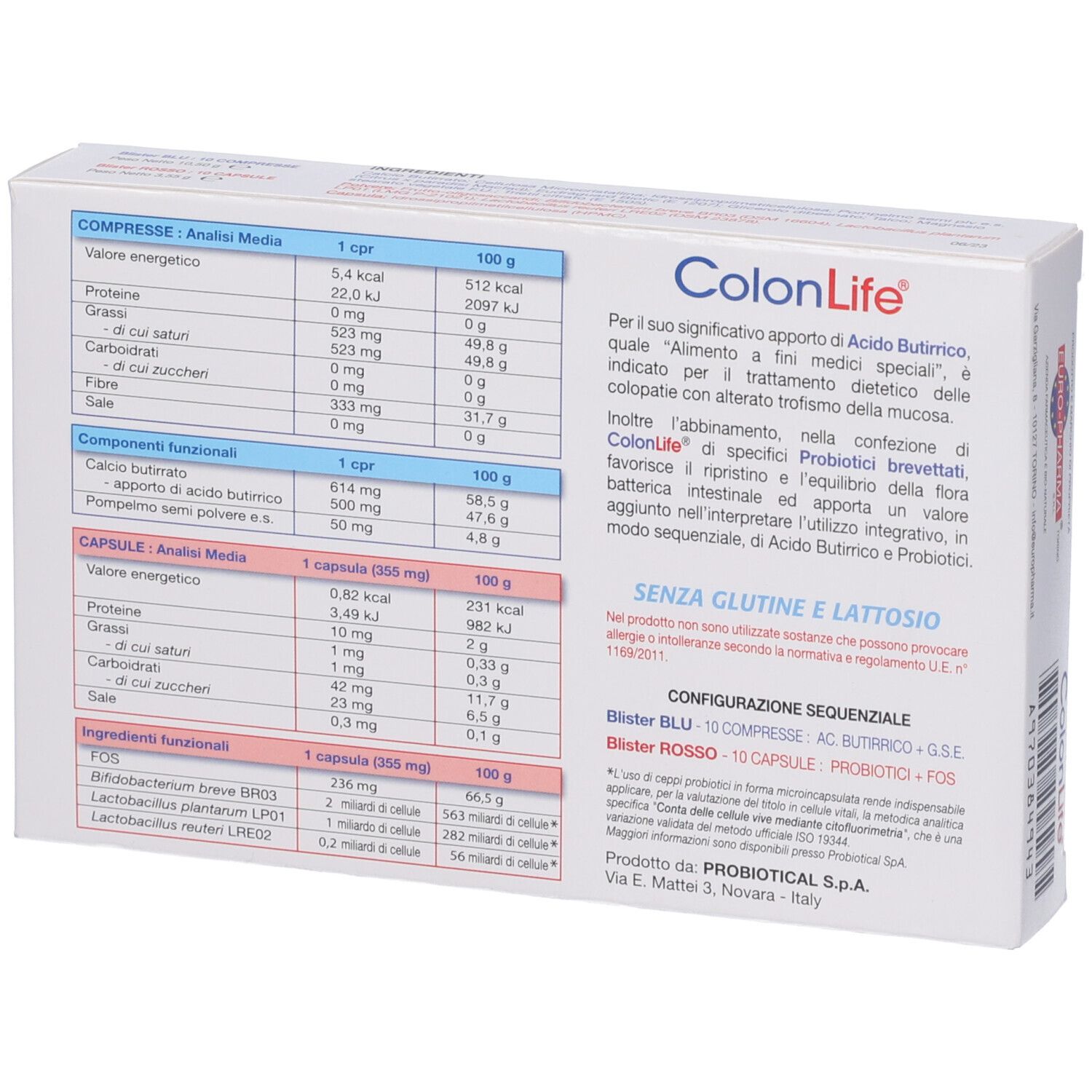 Retro della scatola ColonLife. Contiene informazioni nutrizionali e sugli ingredienti.
