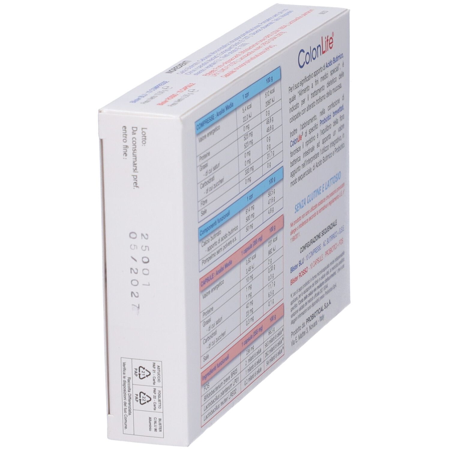 Scatola ColonLife, angolata. Retro con informazioni nutrizionali e data di scadenza.