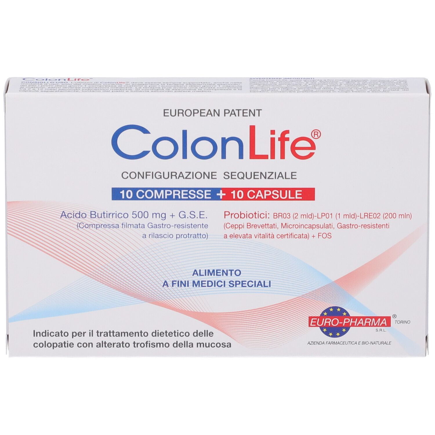 Scatola di ColonLife. Contiene 10 compresse e 10 capsule. Prodotto per alimenti a fini medici speciali.