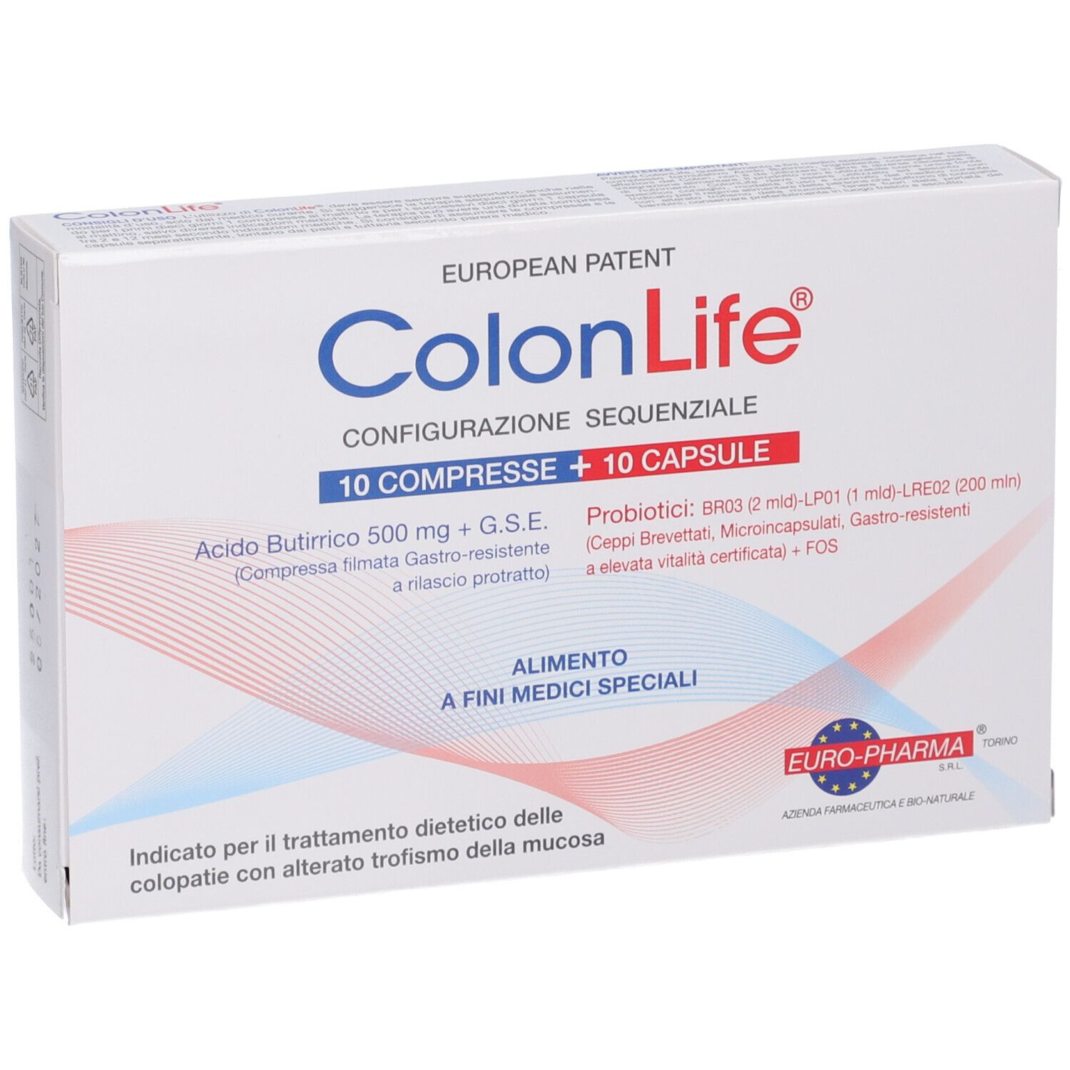 Scatola di ColonLife. Contiene 10 compresse e 10 capsule. Prodotto per alimenti a fini medici speciali.