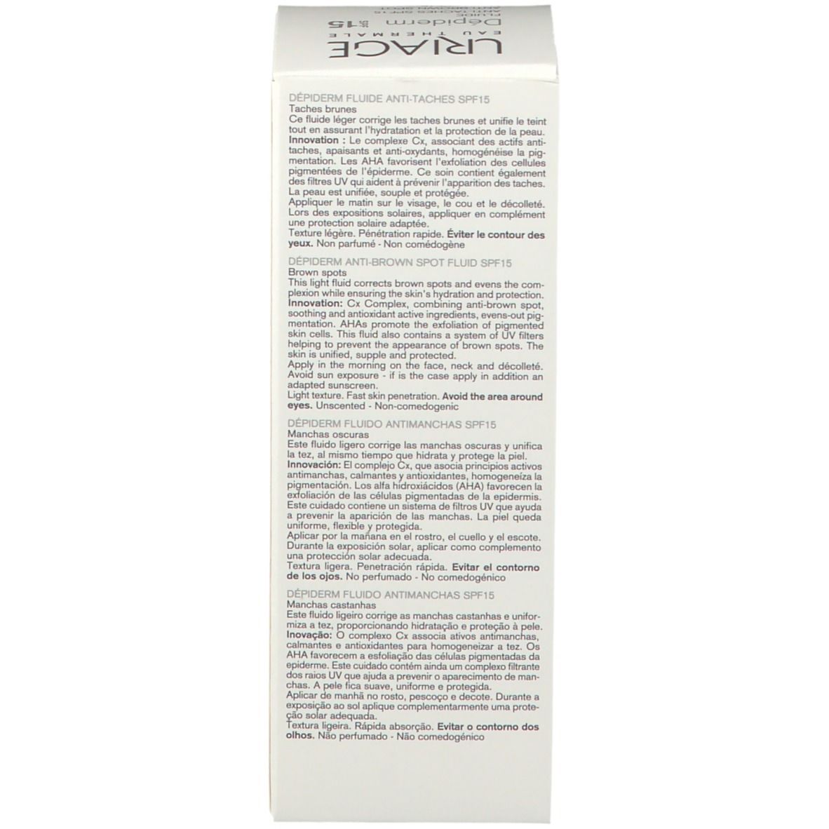 Retro confezione Uriage Depiderm Fluido Anti-macchie SPF15. Testo multilingue, informazioni sul prodotto.