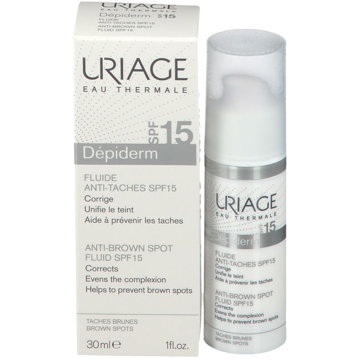 Uriage Depiderm Fluido Anti-macchie SPF15 e confezione. Flacone bianco con pompa, accanto la confezione.