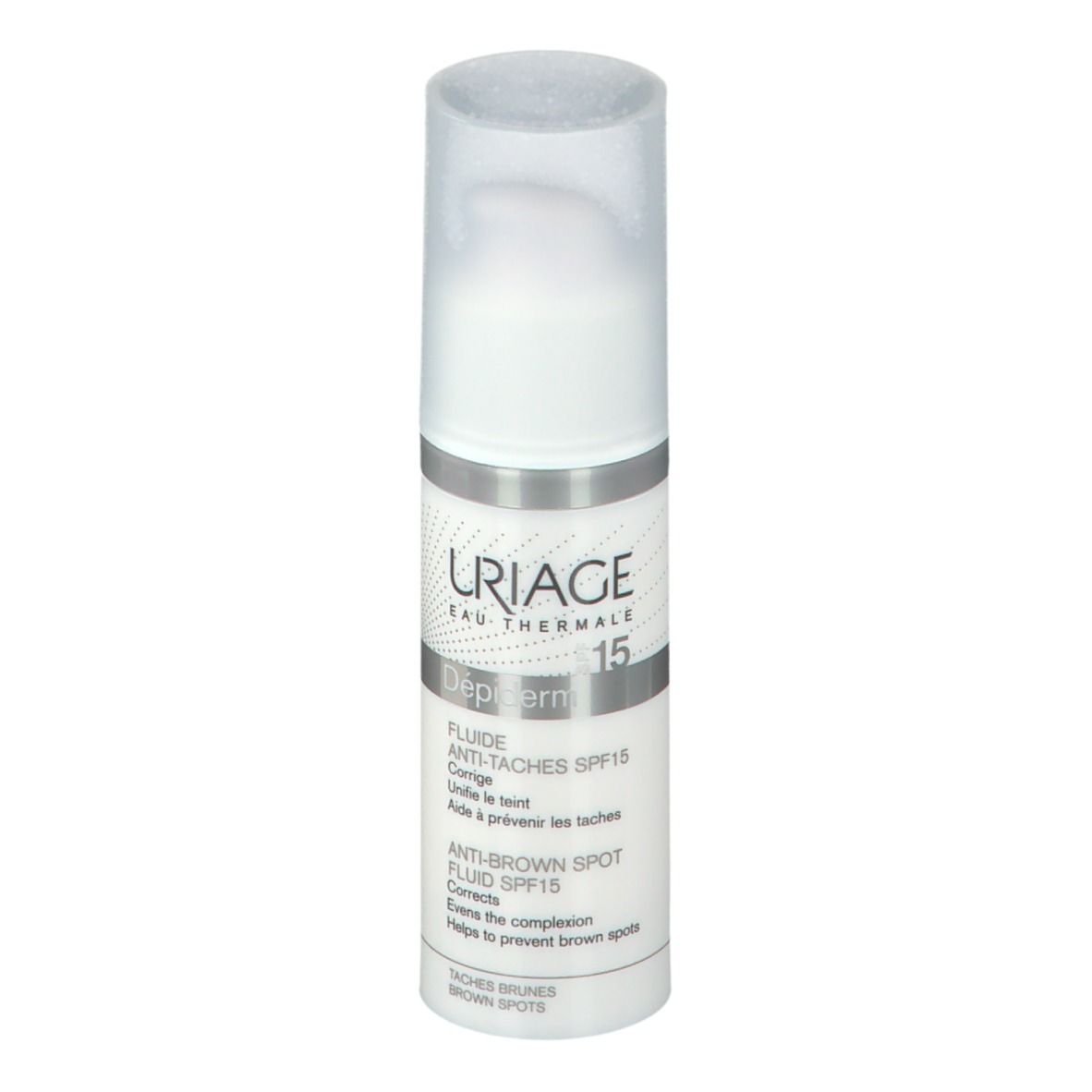 Uriage Depiderm Fluido Anti-macchie SPF15. Flacone bianco con pompa, anello argentato, nomi del prodotto.