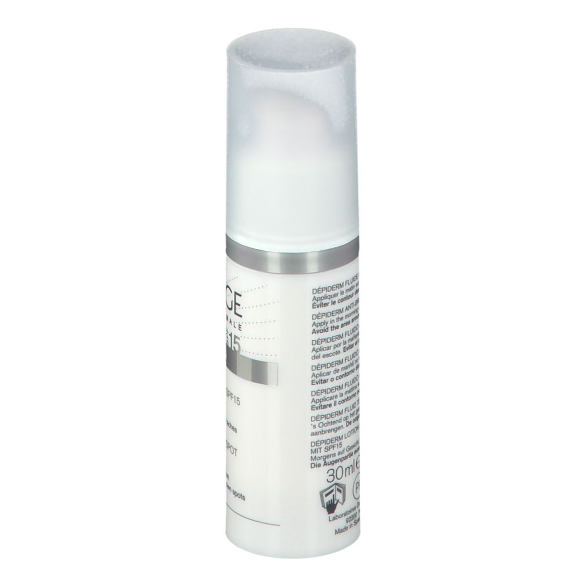 Uriage Depiderm Fluido Anti-macchie SPF15. Flacone bianco con pompa, anello argentato, nomi e SPF15.