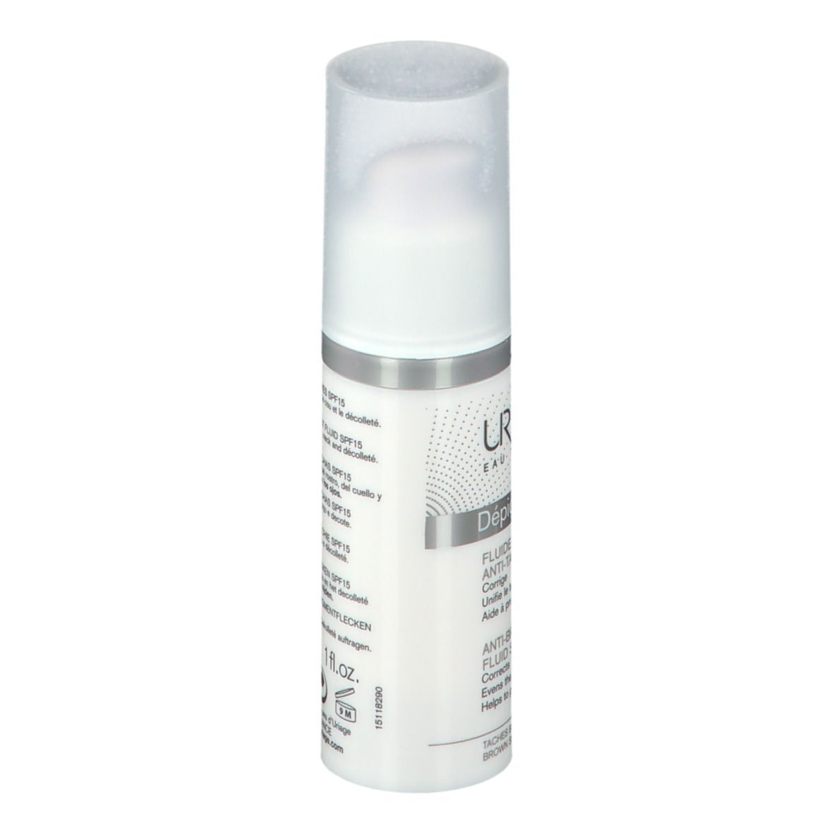 Uriage Depiderm Fluido Anti-macchie SPF15. Flacone bianco con pompa, anello argentato, nomi e SPF15.