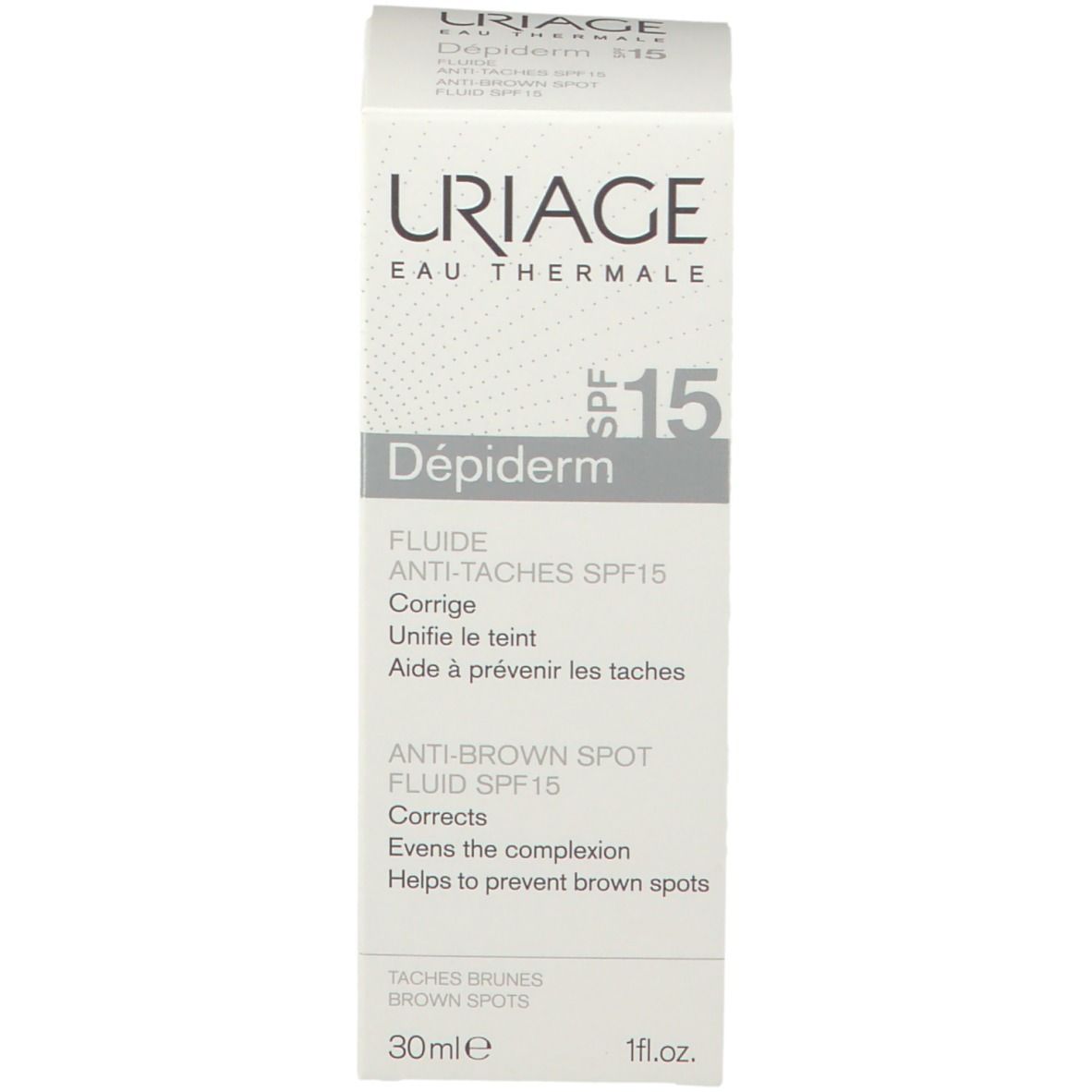 Confezione Uriage Depiderm Fluido Anti-macchie SPF15. Scatola bianca con nome prodotto e indicazione SPF15.