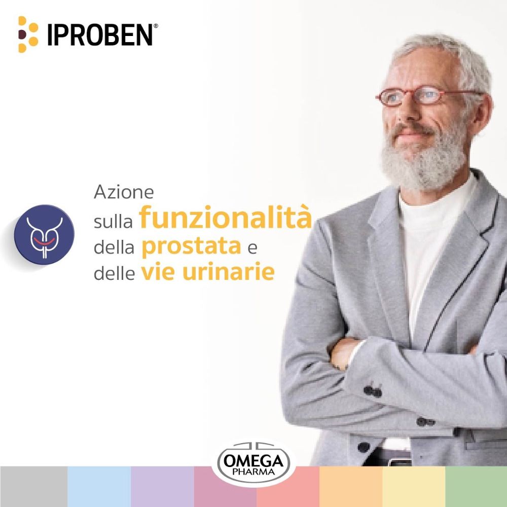 Uomo con occhiali. Testo: Azione sulla funzionalità della prostata e delle vie urinarie. Logo Iproben®.