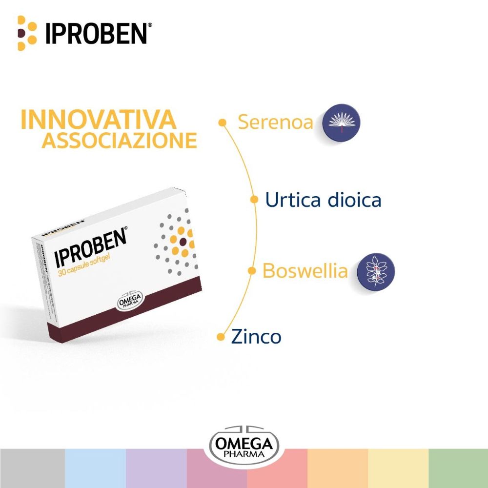 Confezione Iproben® con ingredienti: Serenoa, Urtica dioica, Boswellia, Zinco. Logo Omega Pharma.
