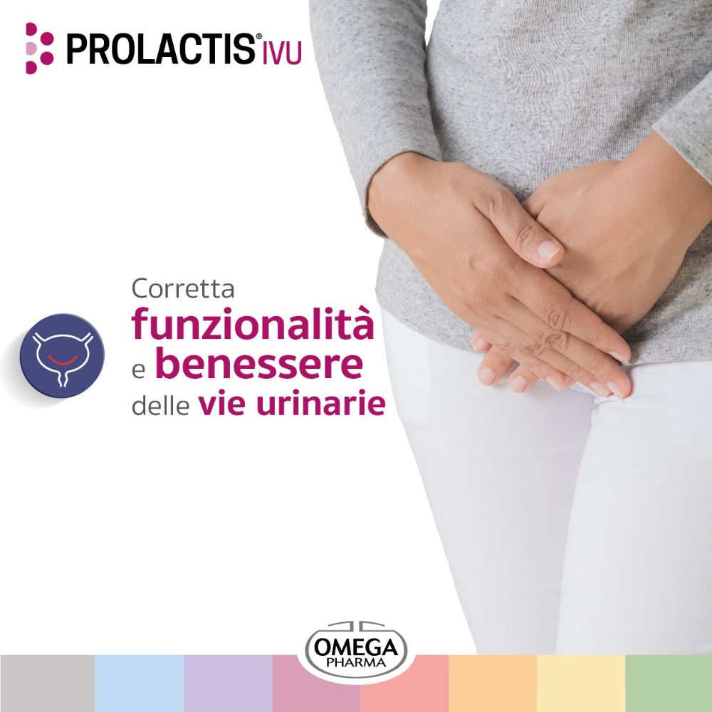 Grafica con logo Prolactis® ivu®. Testo sulle vie urinarie. Logo Omega Pharma in basso.