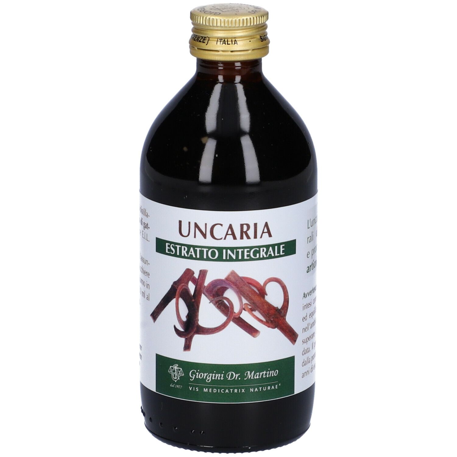 Bottiglia di vetro marrone con tappo dorato. Etichetta con scritta: Uncaria Estratto Integrale. Marchio: Giorgini Dr. Martino.