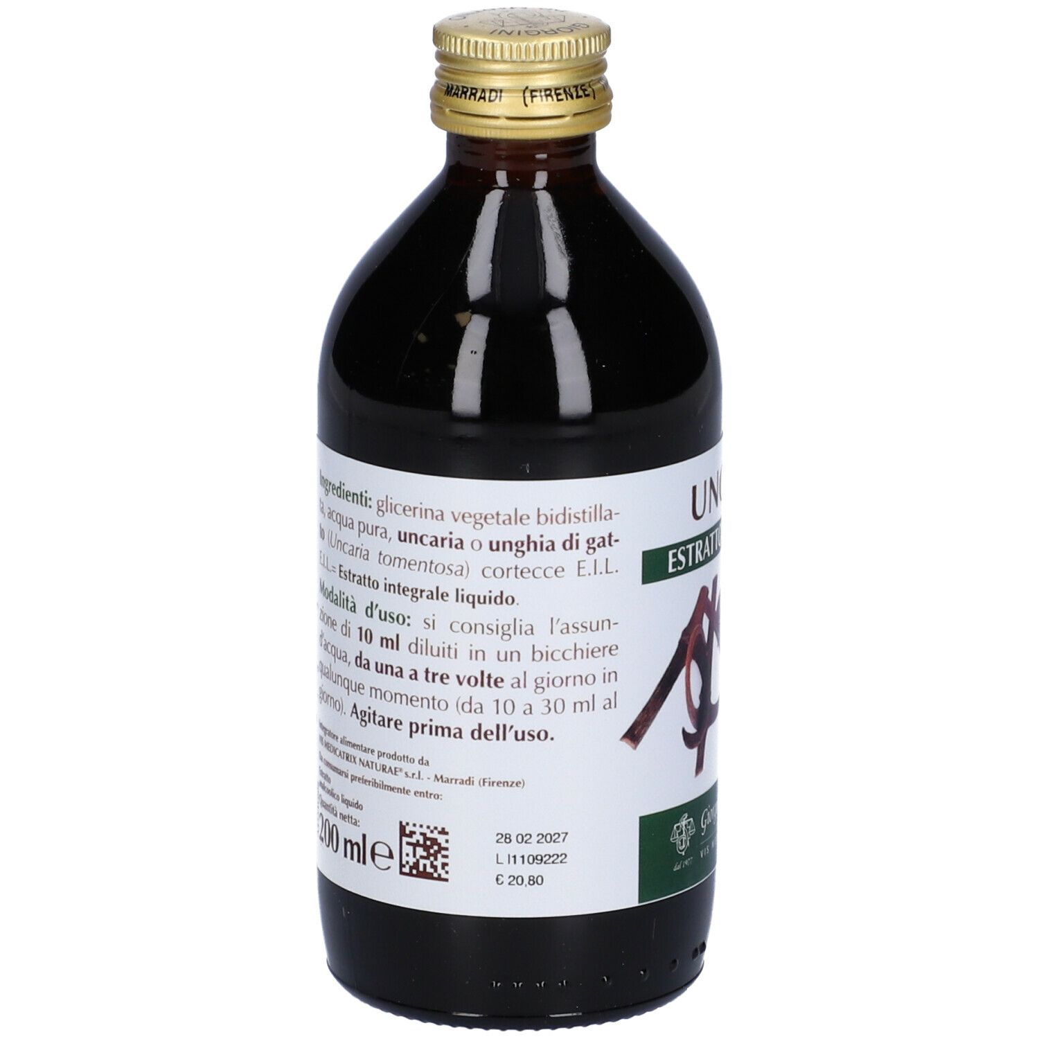 Bottiglia di vetro marrone con etichetta. Scritta: Uncaria Estratto Integrale. Contiene informazioni su ingredienti e uso.