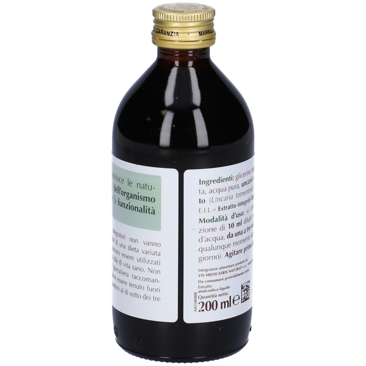 Bottiglia di vetro marrone con etichetta. Scritta: Uncaria Estratto Integrale. Contiene informazioni sulla funzionalità del prodotto.