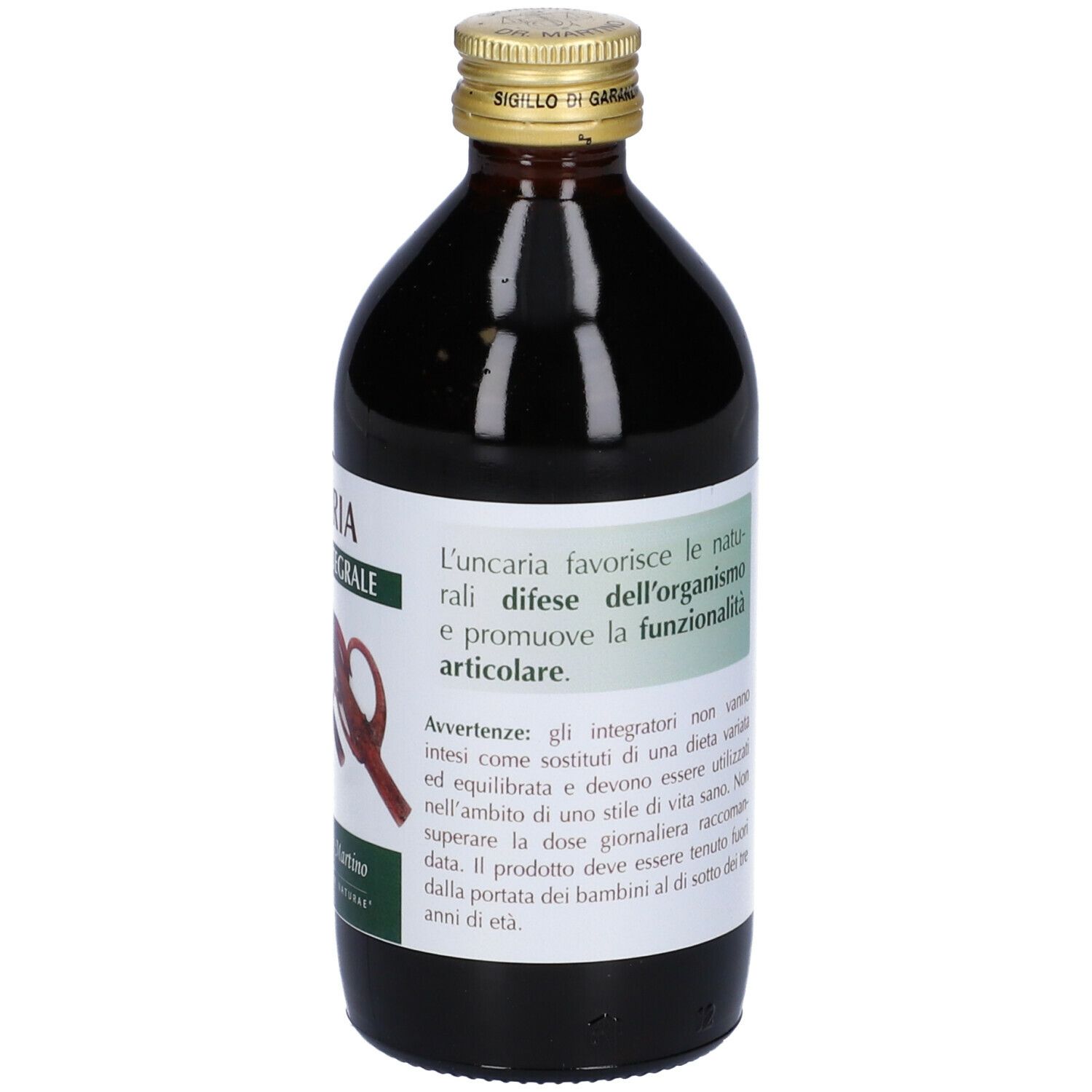 Bottiglia di vetro marrone con etichetta. Scritta: Uncaria Estratto Integrale. Contiene informazioni sulla promozione della salute.