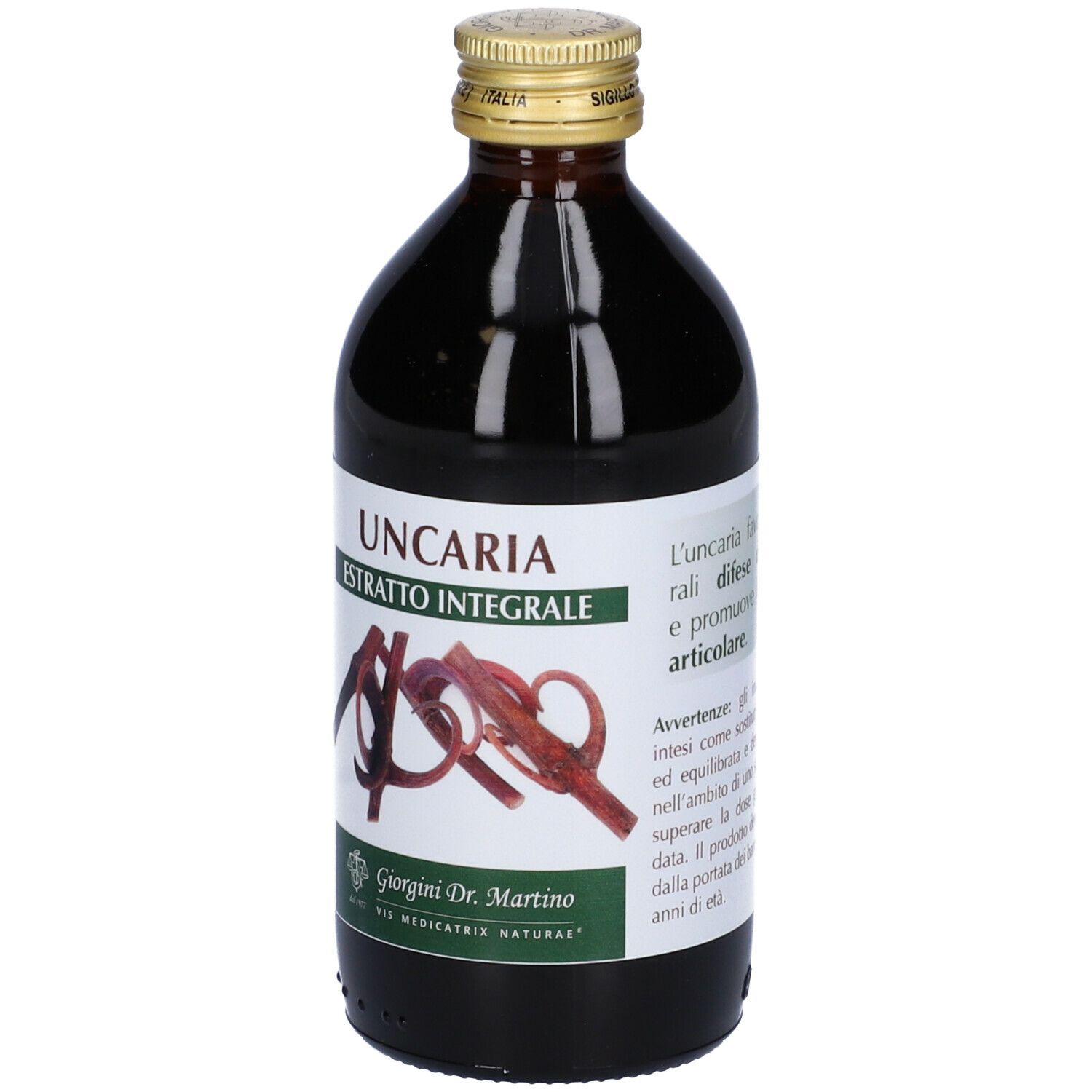 Bottiglia di vetro marrone con etichetta. Scritta: Uncaria Estratto Integrale. Marchio: Giorgini Dr. Martino. Immagine di Uncaria.