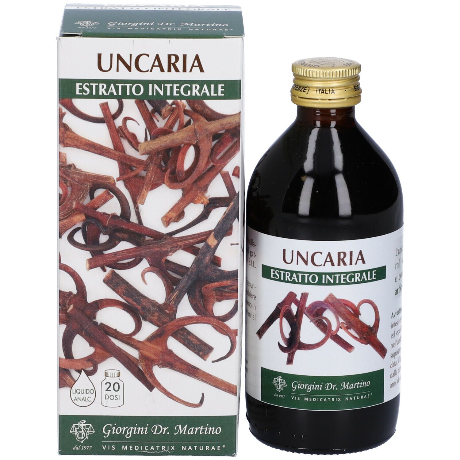 Bottiglia di vetro marrone e scatola. Scritta: Uncaria Estratto Integrale. Marchio: Giorgini Dr. Martino. 20 dosi.