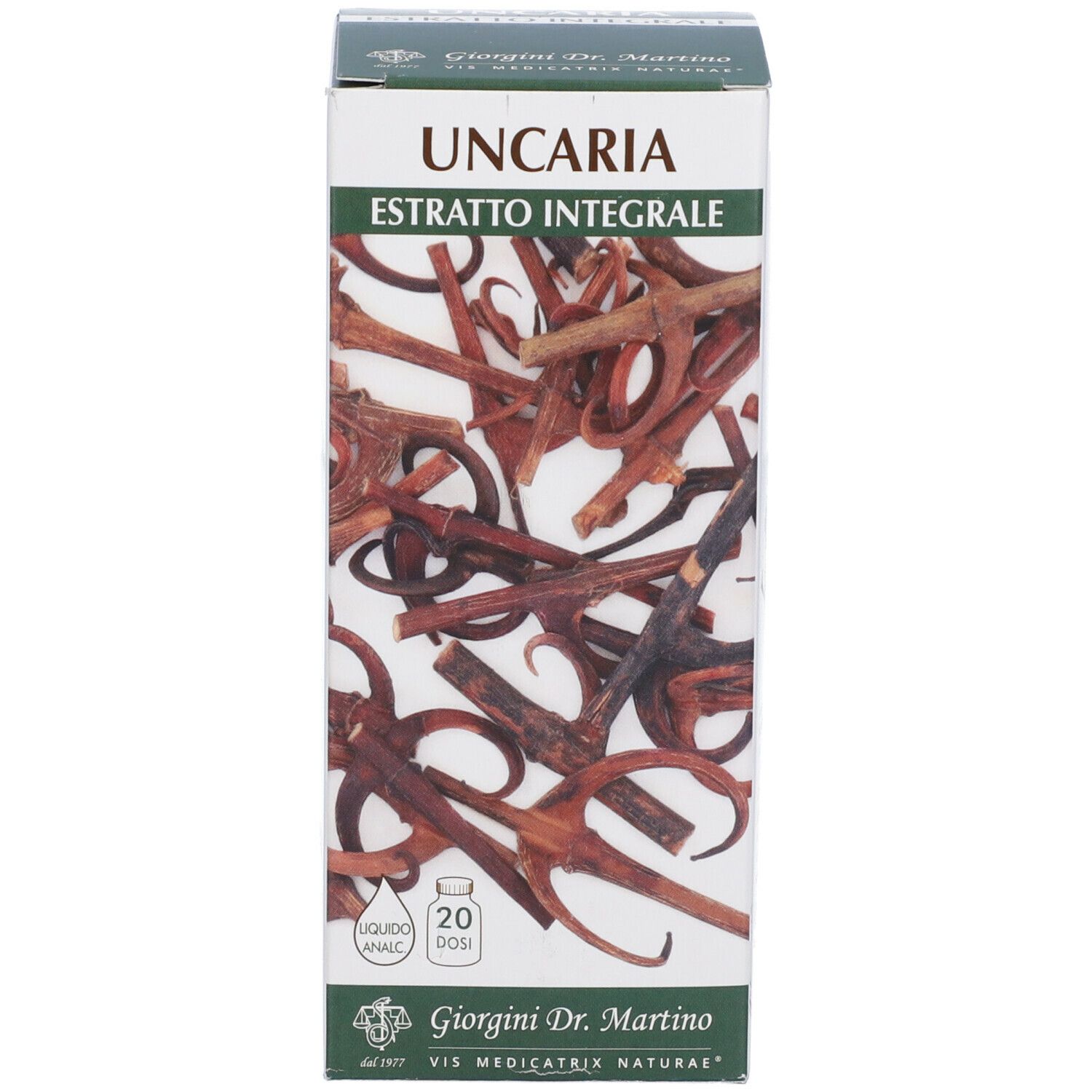 Scatola con scritta: Uncaria Estratto Integrale. Marchio: Giorgini Dr. Martino. Immagine di Uncaria. 20 dosi.