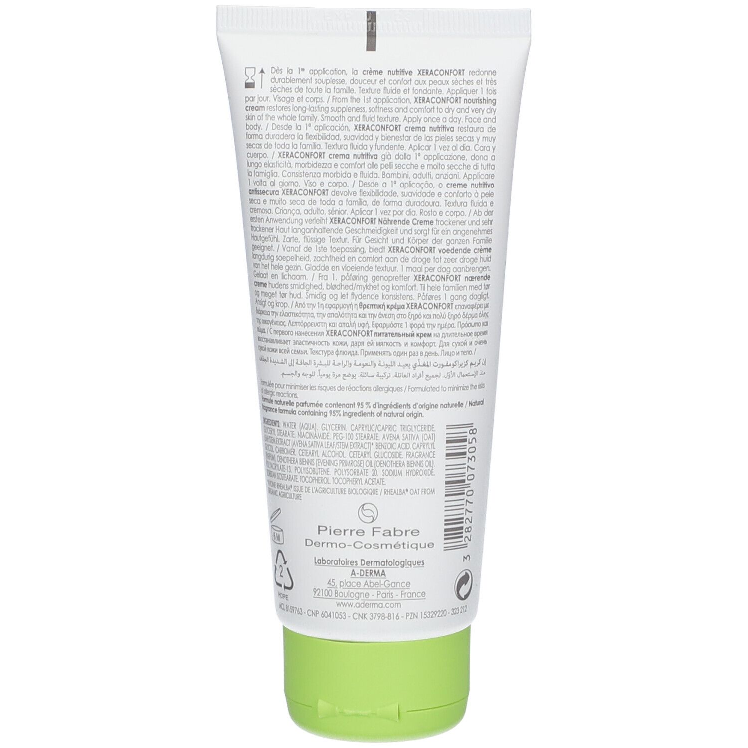 Retro del tubo A-DERMA Xeraconfort. Testo e informazioni in più lingue.